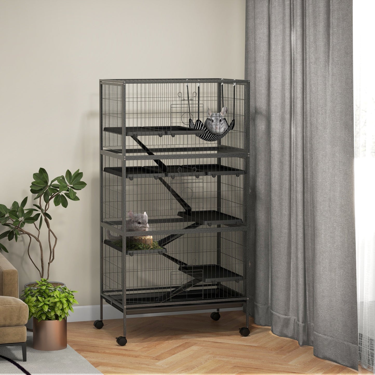6-Tier Rolling Small Animal Cage, Deluxe Rabbit Cage, Ferret Cage for Mink, Chinchilla, Kitten, Rabbit, Small Pet Play House with Hammock, Platform, Ramp, Charcoal Grey