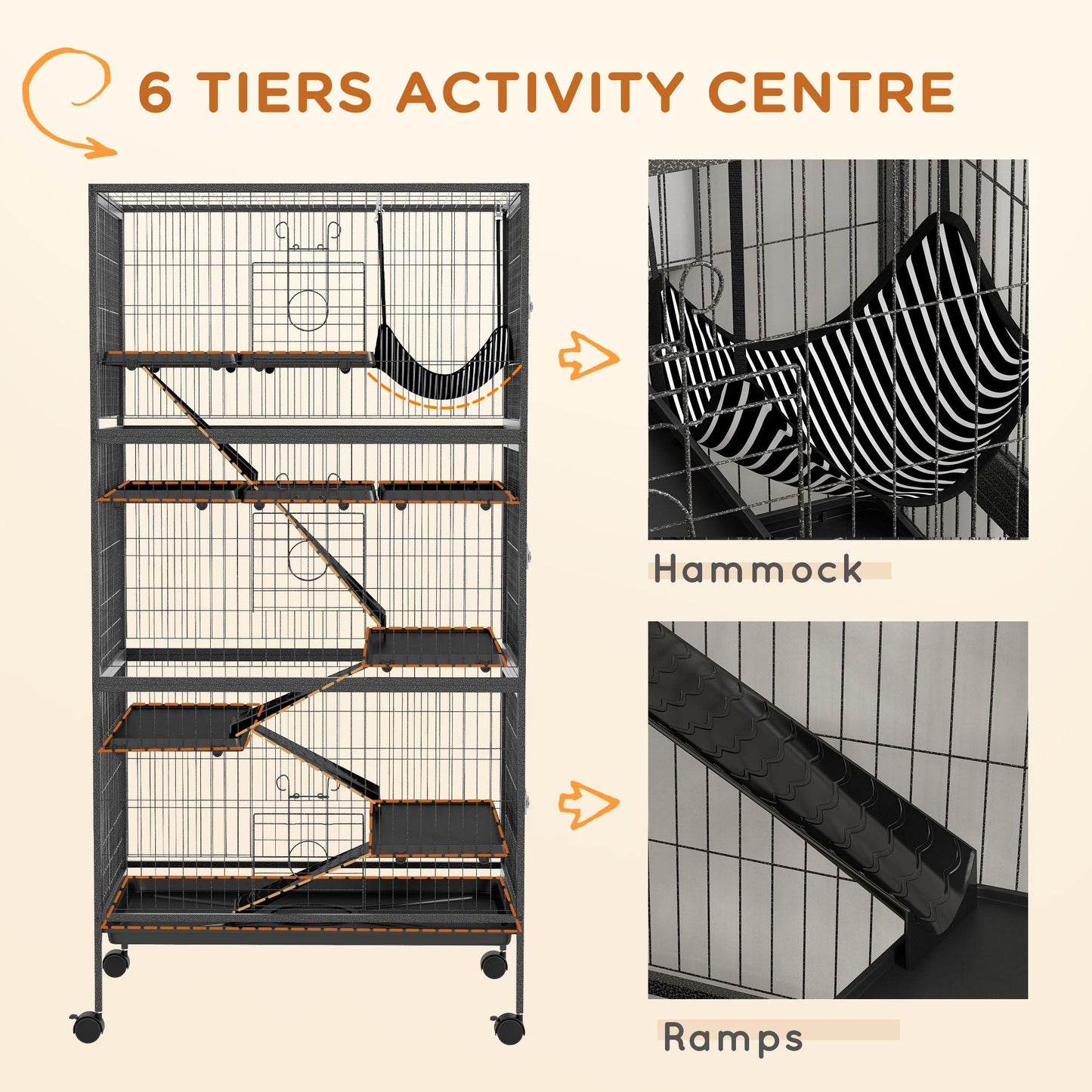 6-Tier Rolling Small Animal Cage, Deluxe Rabbit Cage, Ferret Cage for Mink, Chinchilla, Kitten, Rabbit, Small Pet Play House with Hammock, Platform, Ramp, Charcoal Grey
