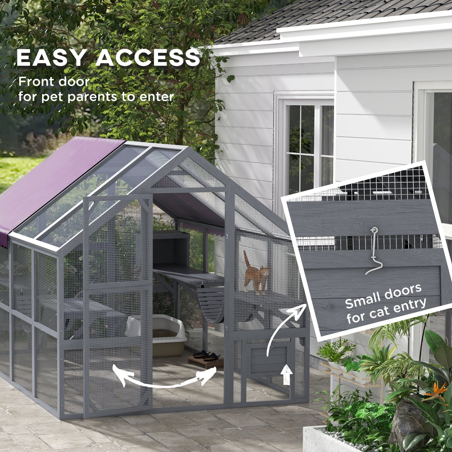 Catio Outdoor Cat Enclosure Wooden Feral House with Weatherproof Canopy, Bridges, Resting Boxes, Platforms, for 3-6 Cats, Grey