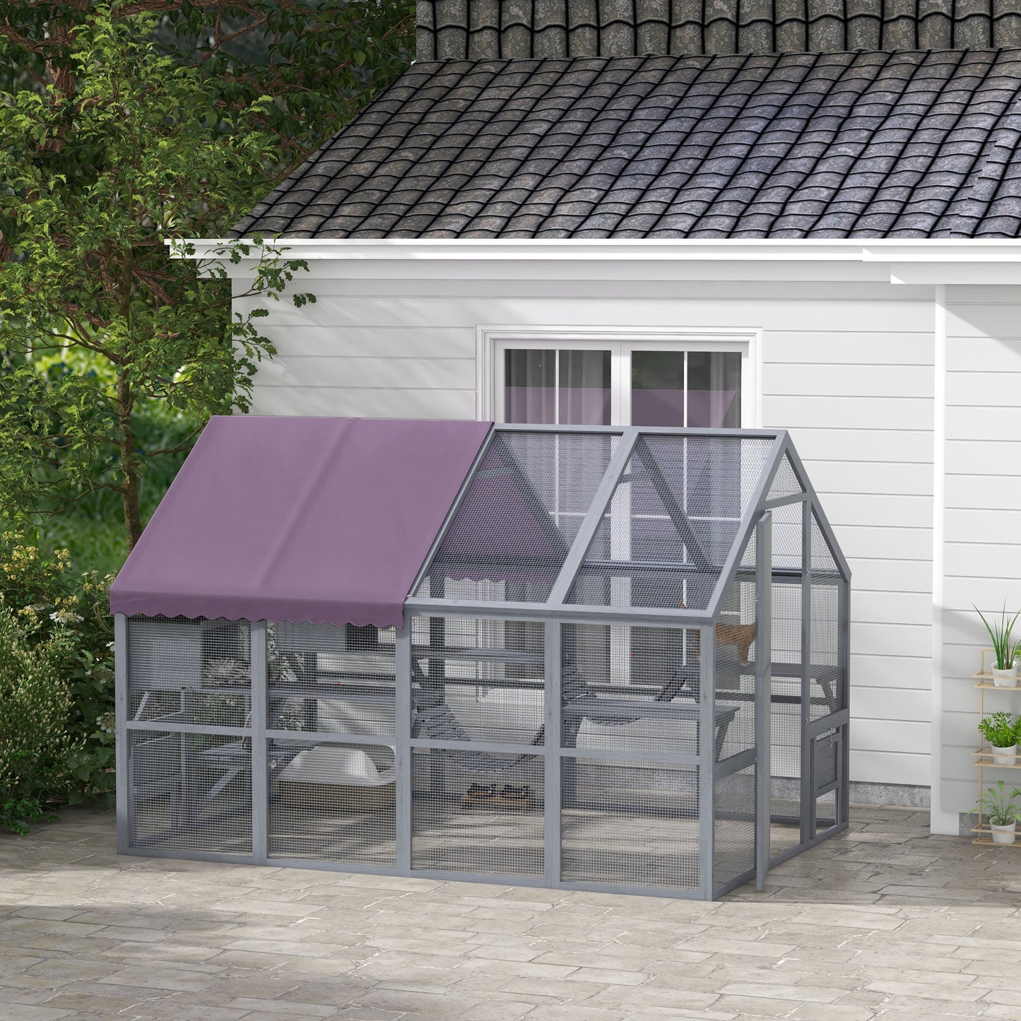 Catio Outdoor Cat Enclosure Wooden Feral House with Weatherproof Canopy, Bridges, Resting Boxes, Platforms, for 3-6 Cats, Grey