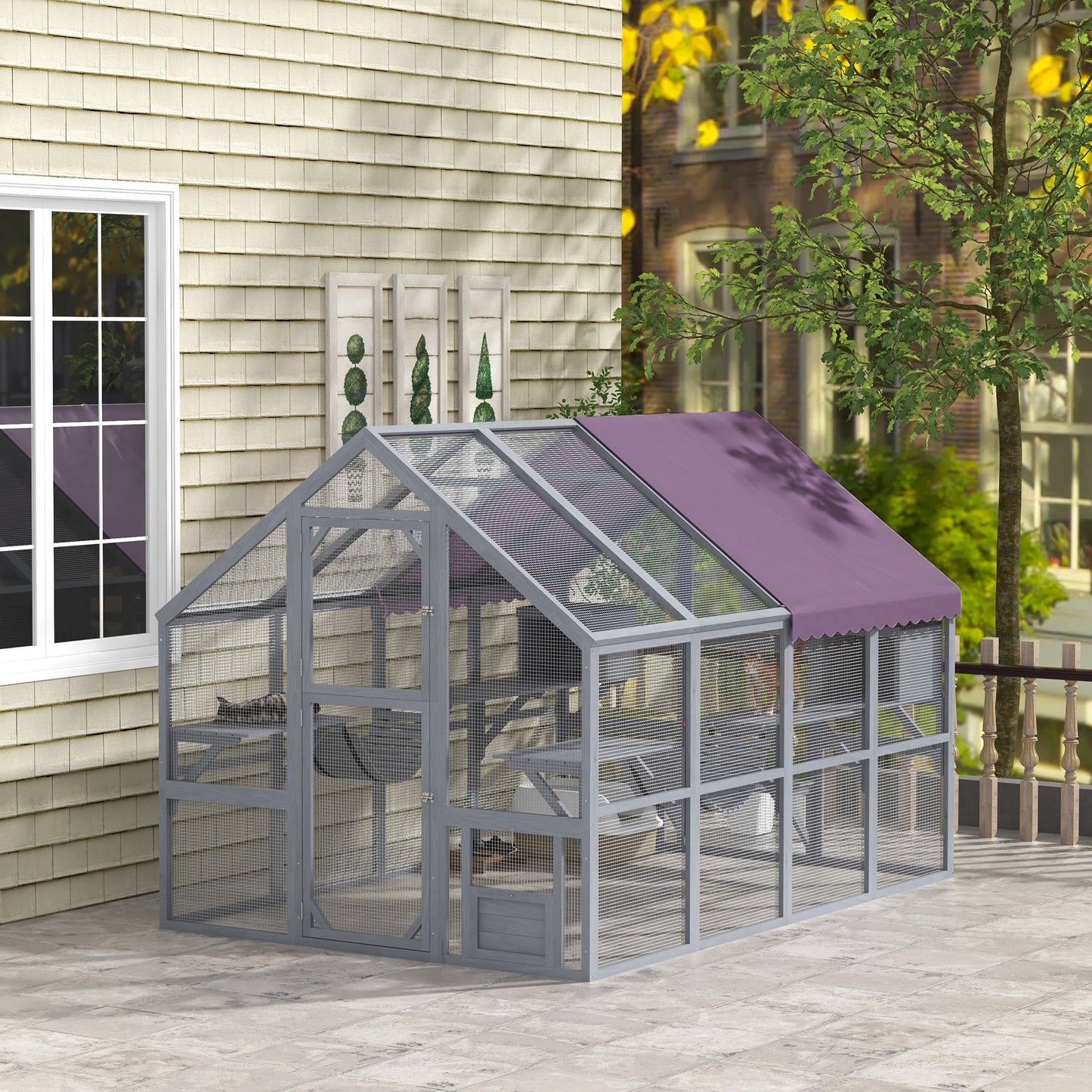 Catio Outdoor Cat Enclosure Wooden Feral House with Weatherproof Canopy, Bridges, Resting Boxes, Platforms, for 3-6 Cats, Grey