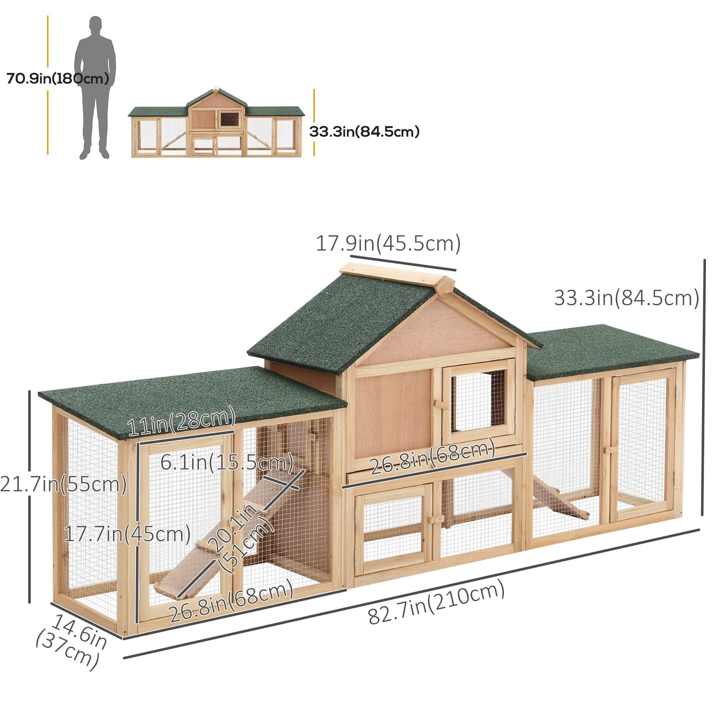 Large Rabbit Hutch Wood Bunny Cage Outdoor Guinea Pig House with Double Runs Slide Out Tray Ramps, 83"x18"x33", Natural