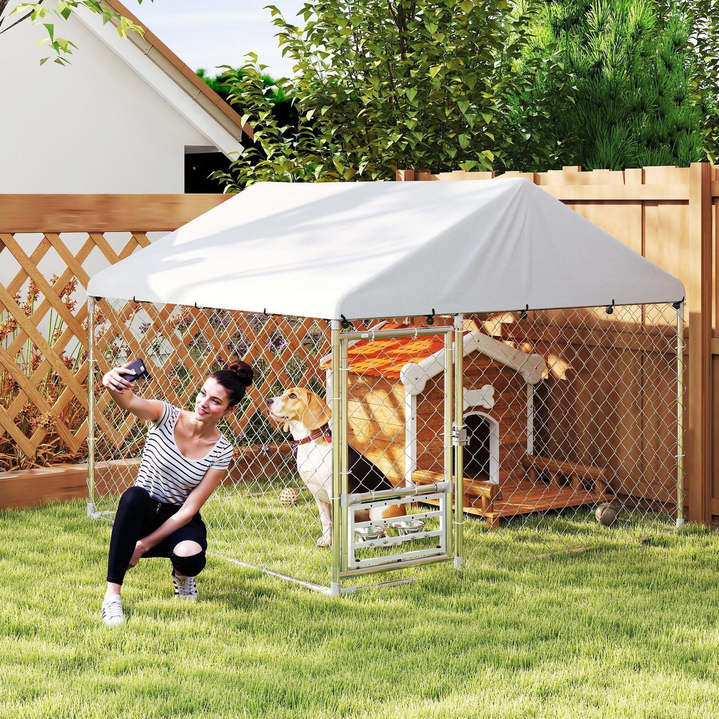 Outdoor Dog Kennel with Roof, Heavy Duty Dog Run Outdoor Fence Cage with Adjustable & Rotating Bowls, Waterproof UV-Resistant Cover, Secure Lock, 6.6' x 6.6' x 5.1'