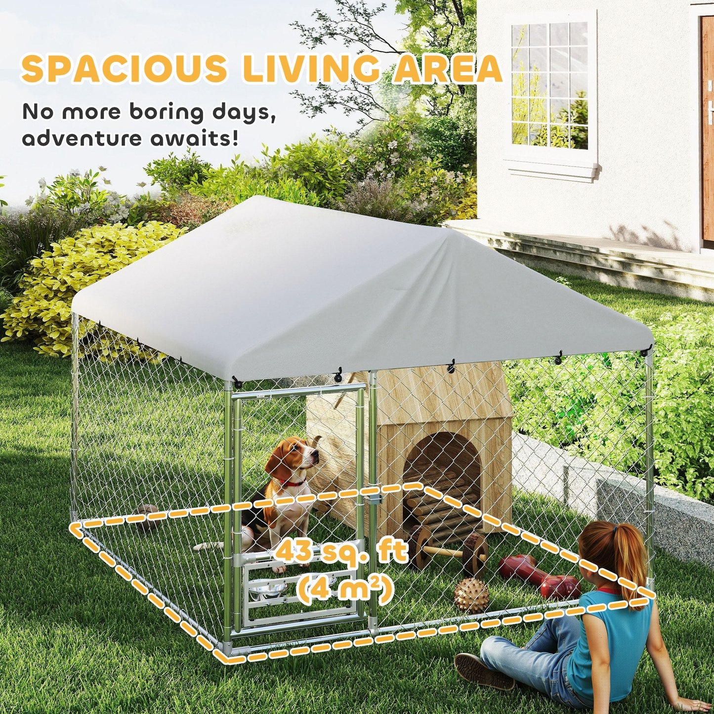 Outdoor Dog Kennel with Roof, Heavy Duty Dog Run Outdoor Fence Cage with Adjustable & Rotating Bowls, Waterproof UV-Resistant Cover, Secure Lock, 6.6' x 6.6' x 5.1'