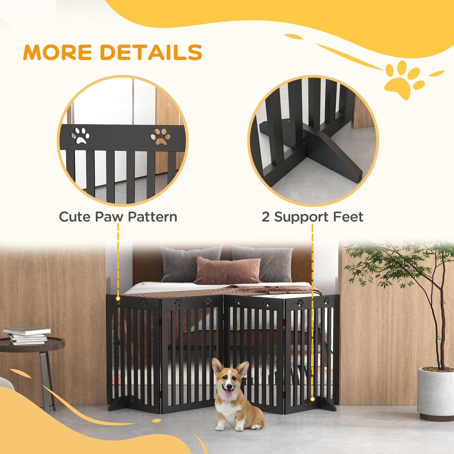 Freestanding Pet Gate 4 Panel Dog Barrier Folding Safety Fence with Support Feet up to 80.25" Long 29.5" Tall for Doorway Stairs Black