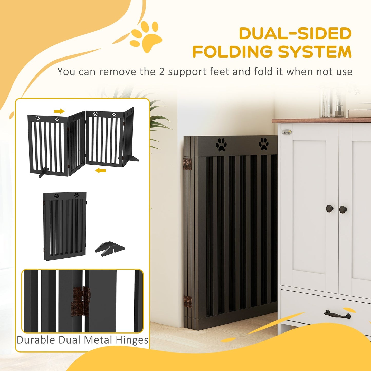 Freestanding Pet Gate 4 Panel Dog Barrier Folding Safety Fence with Support Feet up to 80.25" Long 29.5" Tall for Doorway Stairs Black