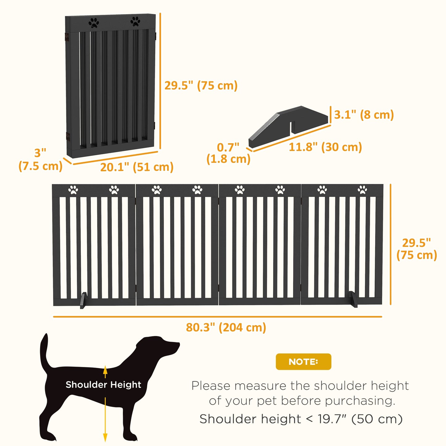 Freestanding Pet Gate 4 Panel Dog Barrier Folding Safety Fence with Support Feet up to 80.25" Long 29.5" Tall for Doorway Stairs Black