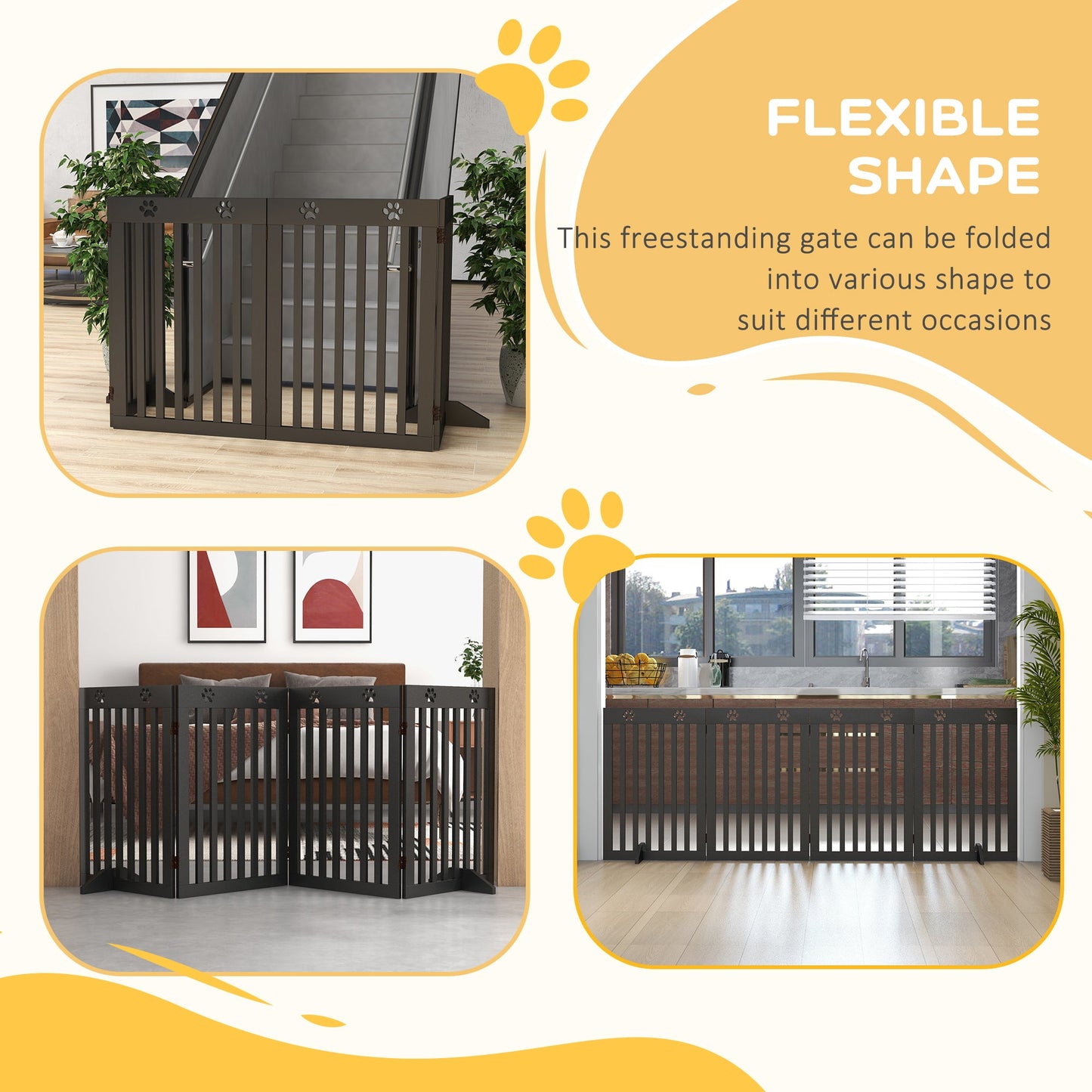 Freestanding Pet Gate 4 Panel Dog Barrier Folding Safety Fence with Support Feet up to 80.25" Long 29.5" Tall for Doorway Stairs Black