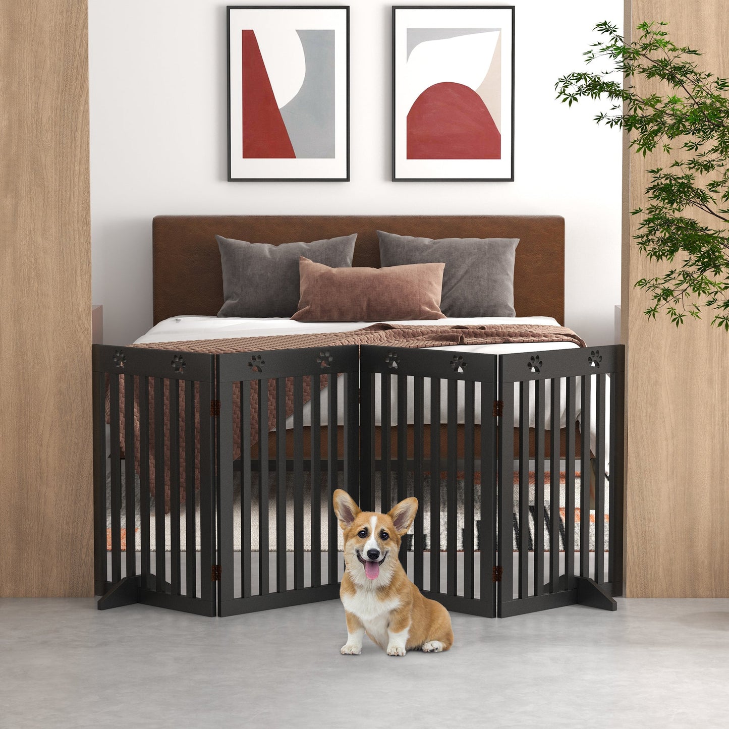 Freestanding Pet Gate 4 Panel Dog Barrier Folding Safety Fence with Support Feet up to 80.25" Long 29.5" Tall for Doorway Stairs Black