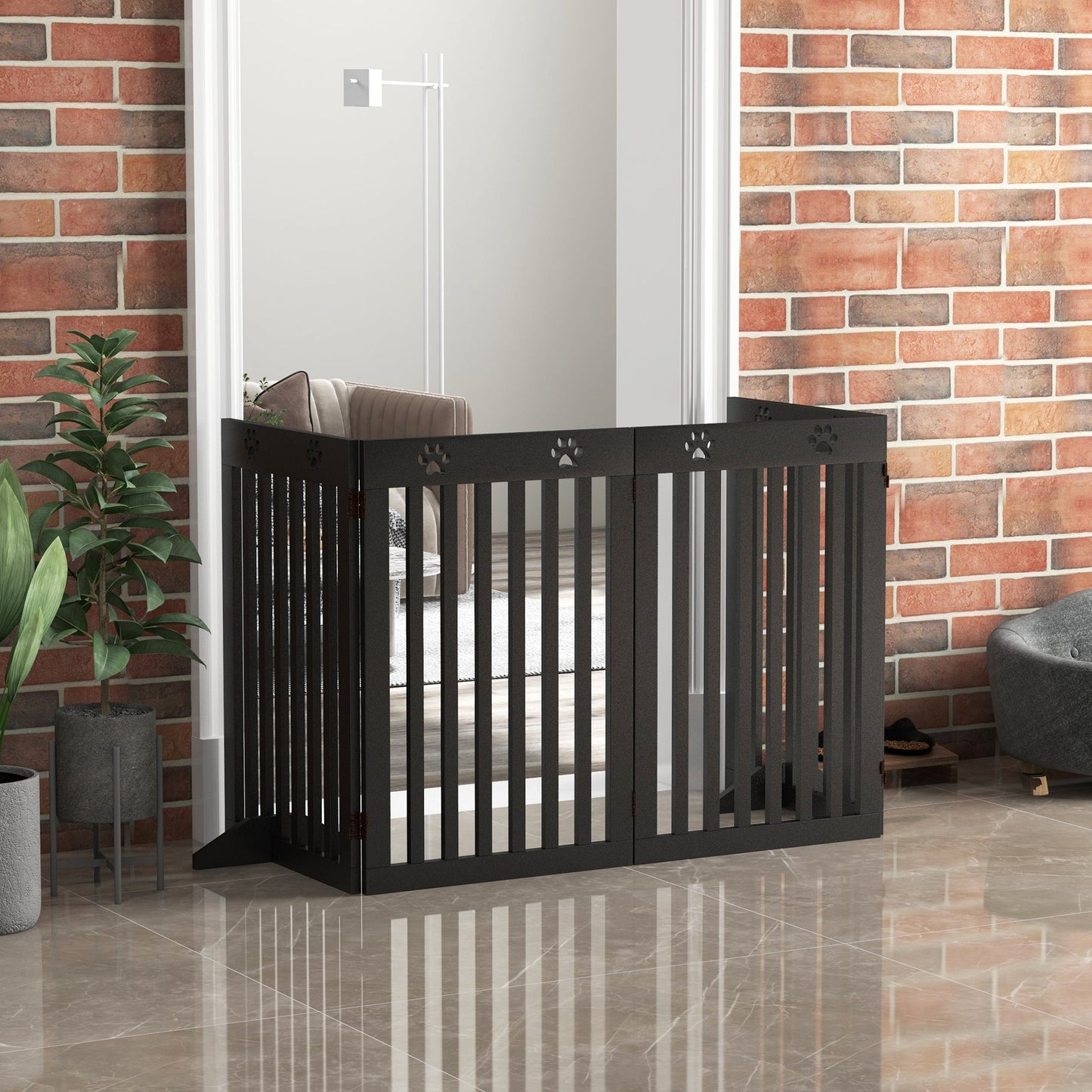Freestanding Pet Gate 4 Panel Dog Barrier Folding Safety Fence with Support Feet up to 80.25" Long 29.5" Tall for Doorway Stairs Black