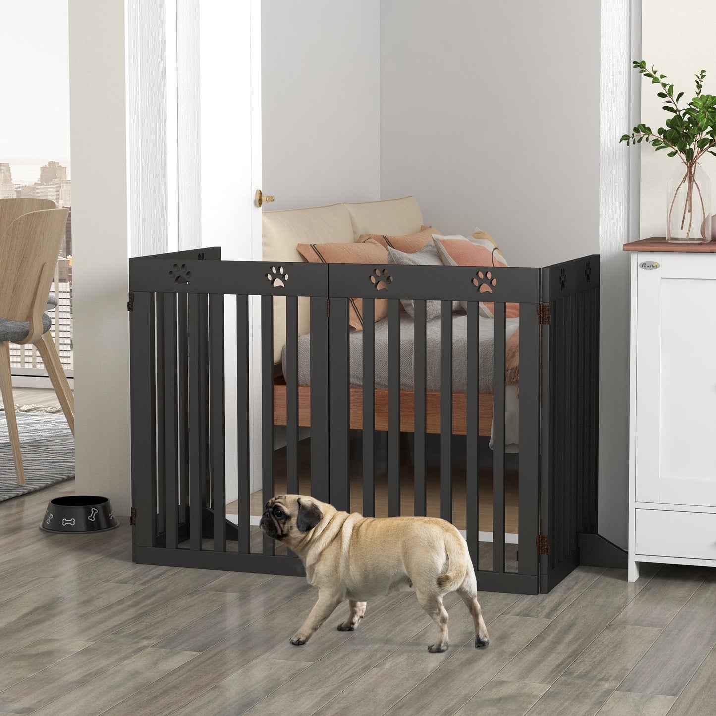 Freestanding Pet Gate 4 Panel Dog Barrier Folding Safety Fence with Support Feet up to 80.25" Long 29.5" Tall for Doorway Stairs Black