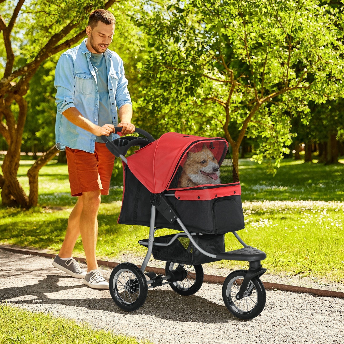 Luxury Pet Stroller Lightweight Dog Cat Travel Carriage with 3-Rubber Wheels, One-click Folding Design, Adjustable Canopy, Zippered Mesh Window Door, Red