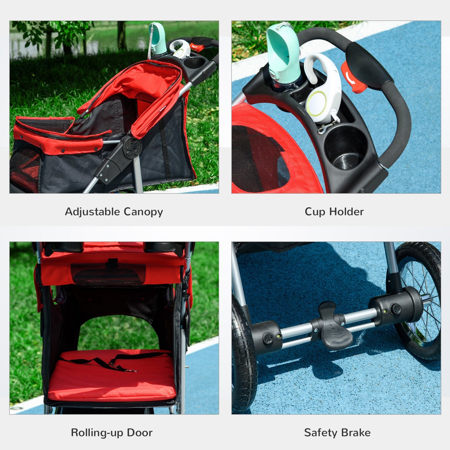 Luxury Pet Stroller Lightweight Dog Cat Travel Carriage with 3-Rubber Wheels, One-click Folding Design, Adjustable Canopy, Zippered Mesh Window Door, Red