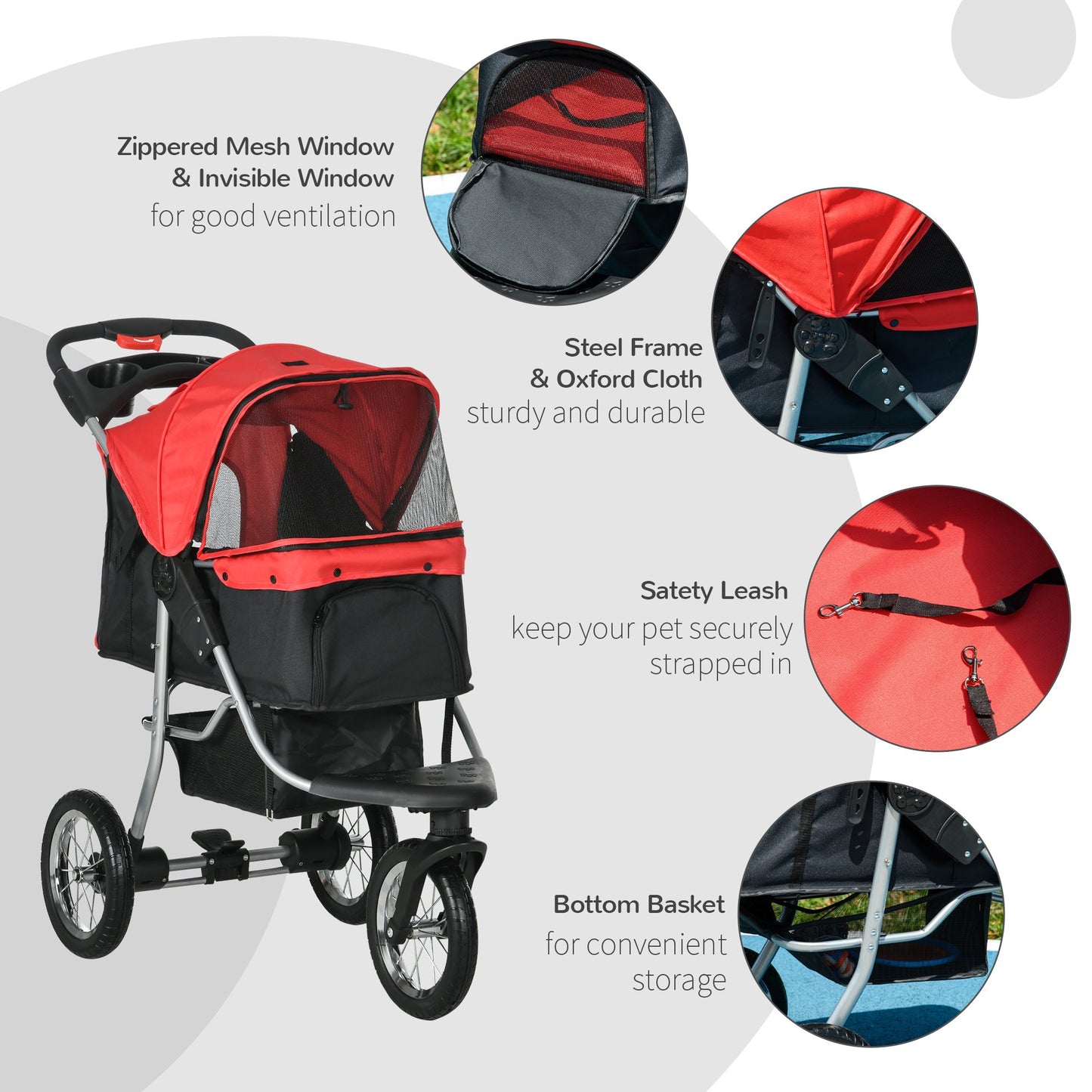 Luxury Pet Stroller Lightweight Dog Cat Travel Carriage with 3-Rubber Wheels, One-click Folding Design, Adjustable Canopy, Zippered Mesh Window Door, Red