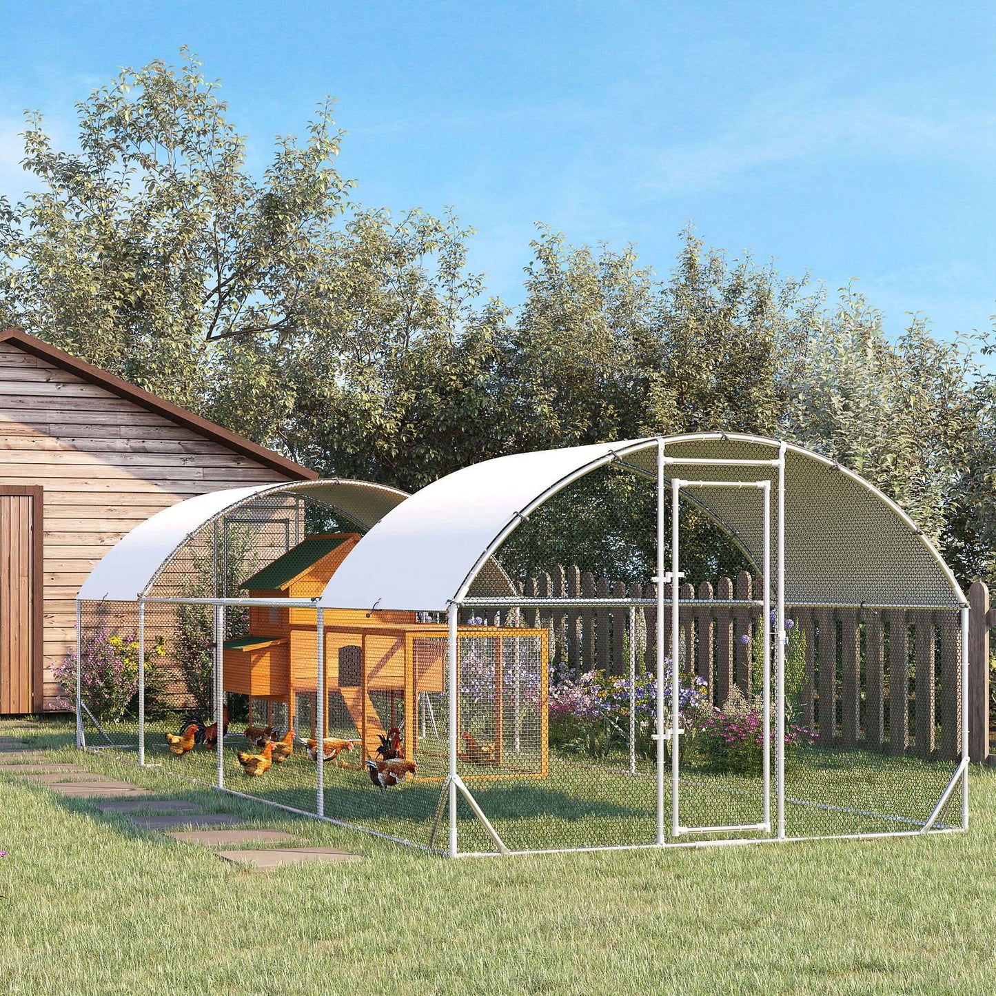 Chicken Run, 24.9' x 9.2' Metal Chicken Coop with Waterproof and Anti-UV Cover, Door for 20-24 Chickens, Ducks, Rabbits, Sliver