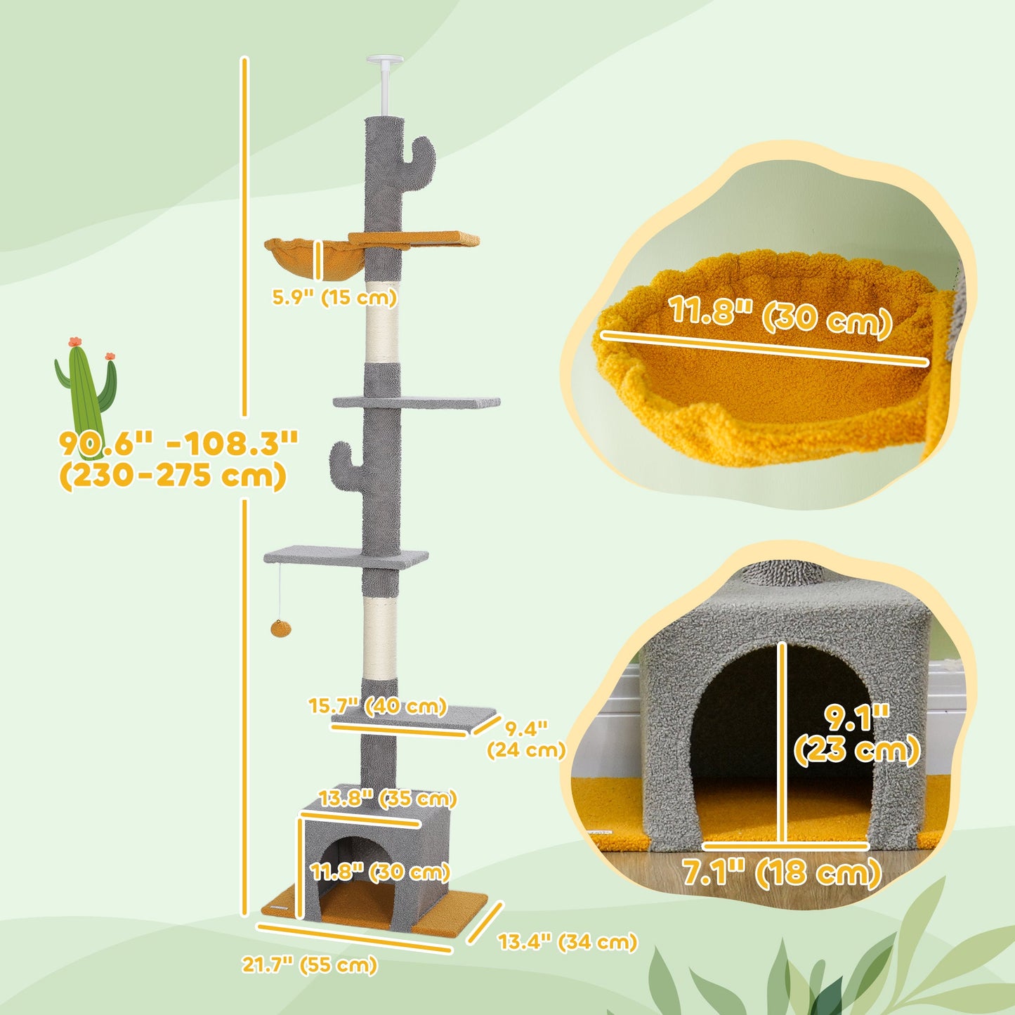 Floor to Ceiling Cat Tree, Cat Tower with 90.5"-108" Adjustable Height, 5 Tier Activity Centre with Scratching Posts, Hammock, Condo, Toy Ball for Indoor Cats, Light Grey
