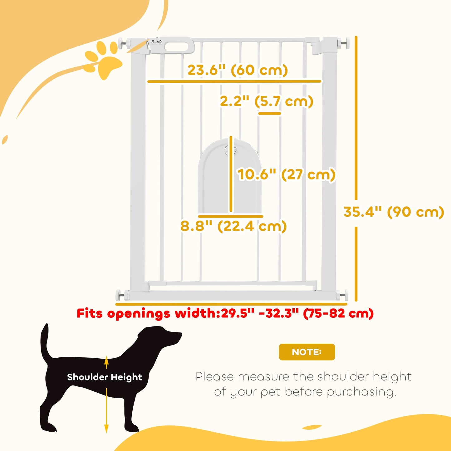 30"-32" Extra Wide Pet Gate with Small Door, 35"H Dog Gate with Safety Gate Barrier, Stair Pressure Fit, Auto Close, Double Locking, for Doorways, Hallways, White