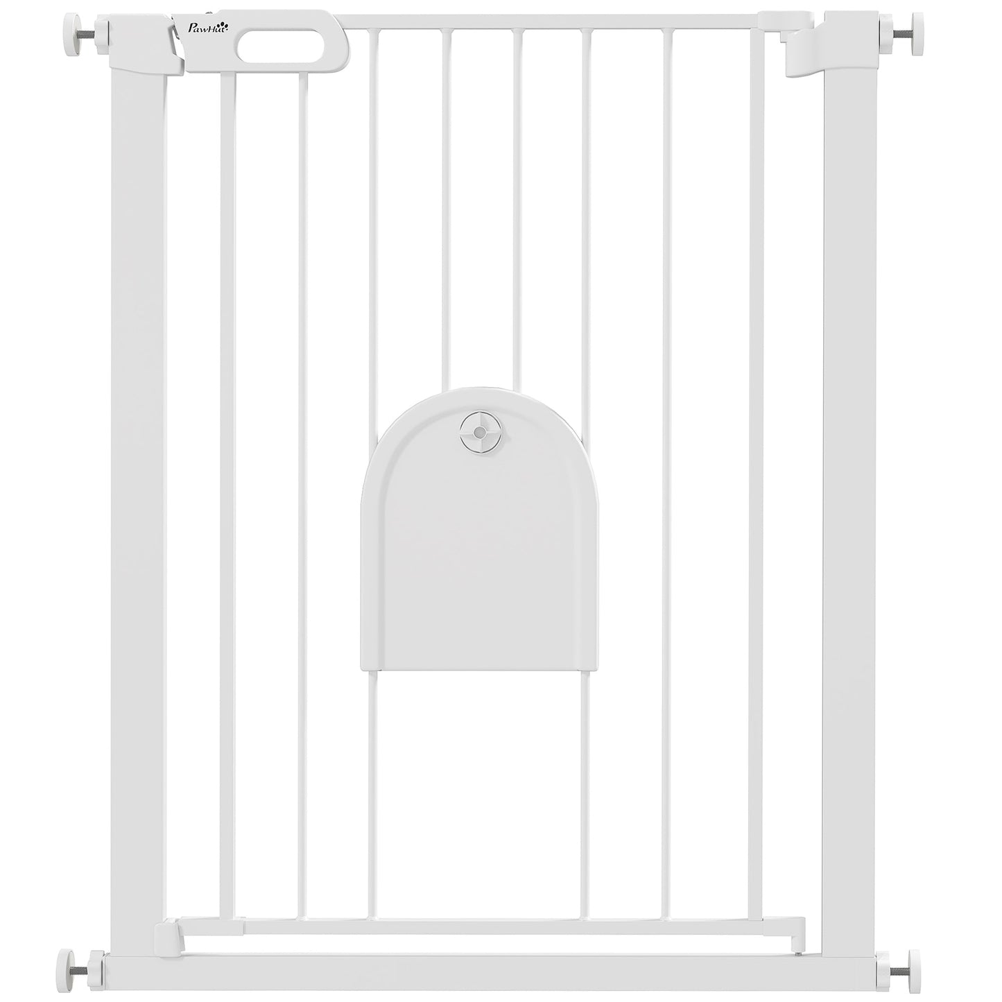 30"-32" Extra Wide Pet Gate with Small Door, 35"H Dog Gate with Safety Gate Barrier, Stair Pressure Fit, Auto Close, Double Locking, for Doorways, Hallways, White