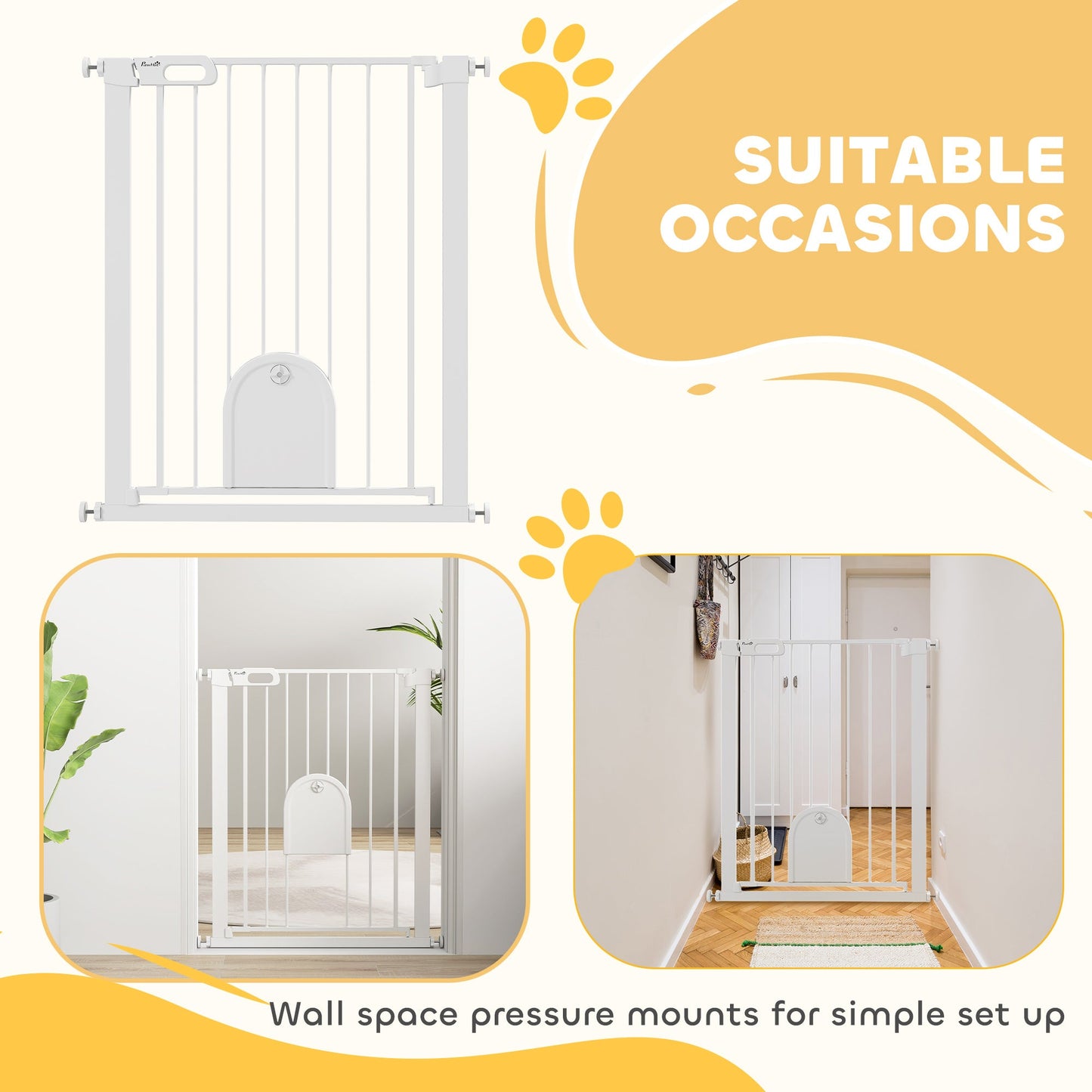 30"-32" Extra Wide Pet Gate with Small Door, 35"H Dog Gate with Safety Gate Barrier, Stair Pressure Fit, Auto Close, Double Locking, for Doorways, Hallways, White