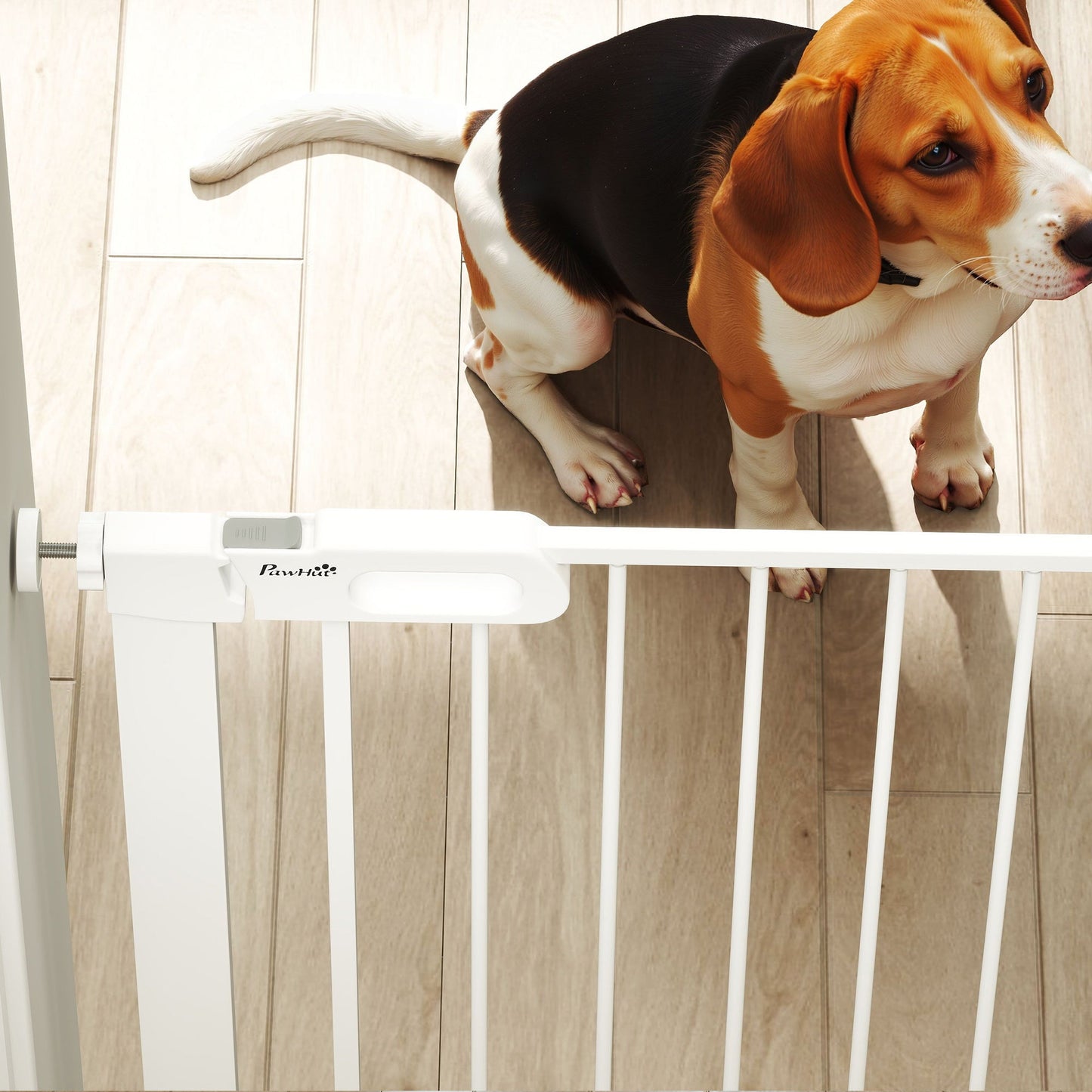 30"-32" Extra Wide Pet Gate with Small Door, 35"H Dog Gate with Safety Gate Barrier, Stair Pressure Fit, Auto Close, Double Locking, for Doorways, Hallways, White