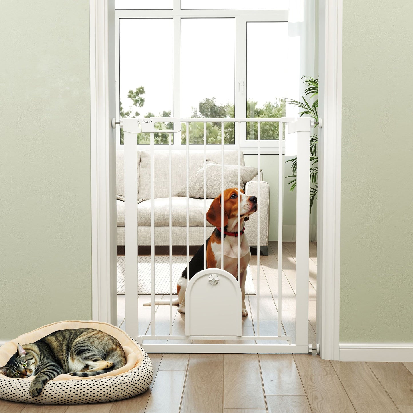 30"-32" Extra Wide Pet Gate with Small Door, 35"H Dog Gate with Safety Gate Barrier, Stair Pressure Fit, Auto Close, Double Locking, for Doorways, Hallways, White