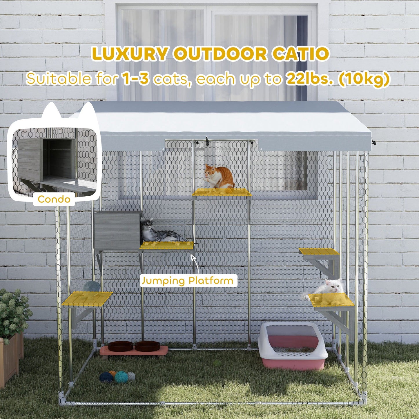 Catio Outdoor Cat Enclosure Large, 79" L Galvanized Steel Outdoor Cat House with 420D Waterproof Canopy, Multiple Platforms, Resting Condo, Lockable Door, for 1-3 Large Cats