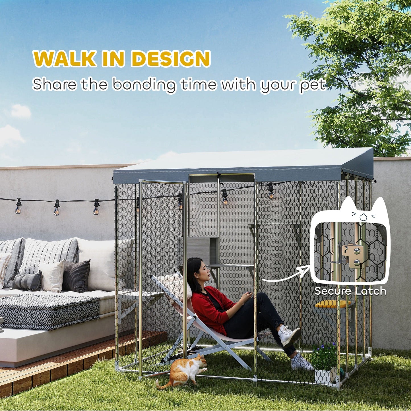 Catio Outdoor Cat Enclosure Large, 79" L Galvanized Steel Outdoor Cat House with 420D Waterproof Canopy, Multiple Platforms, Resting Condo, Lockable Door, for 1-3 Large Cats