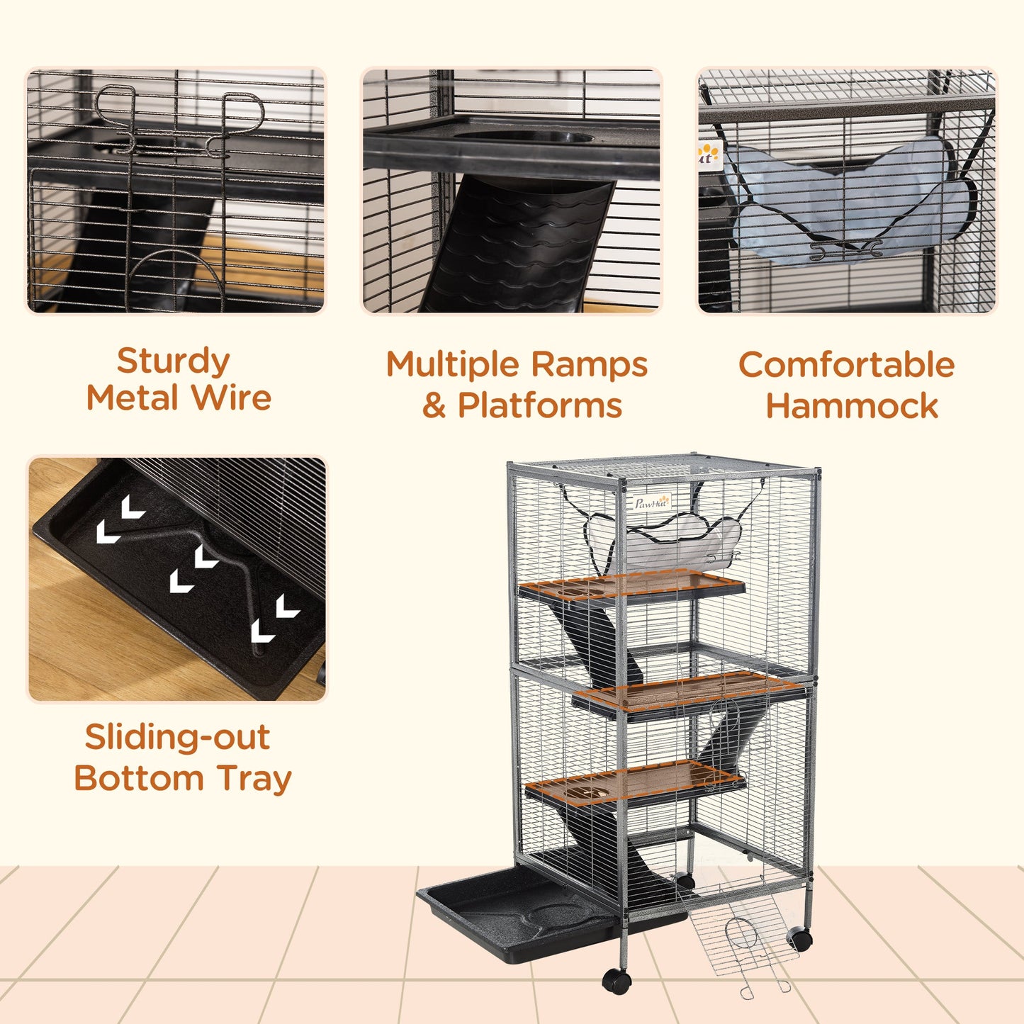 4-Tier Rolling Small Animal Cage, Deluxe Guinea Pig Cage, Ferret Cage for Mink Chinchilla Kitten Rabbit, Small Pet Play House with Hammock Platform, Ramp, Removable Tray, Silver Grey