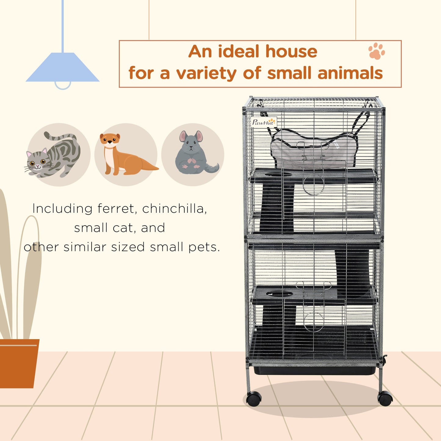 4-Tier Rolling Small Animal Cage, Deluxe Guinea Pig Cage, Ferret Cage for Mink Chinchilla Kitten Rabbit, Small Pet Play House with Hammock Platform, Ramp, Removable Tray, Silver Grey