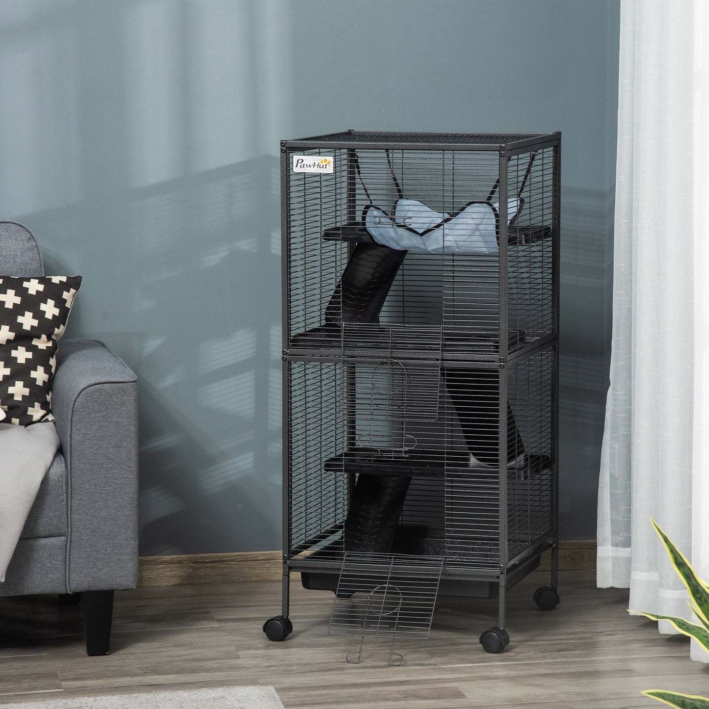 4-Tier Rolling Small Animal Cage, Deluxe Guinea Pig Cage, Ferret Cage for Mink Chinchilla Kitten Rabbit, Small Pet Play House with Hammock Platform, Ramp, Removable Tray, Silver Grey