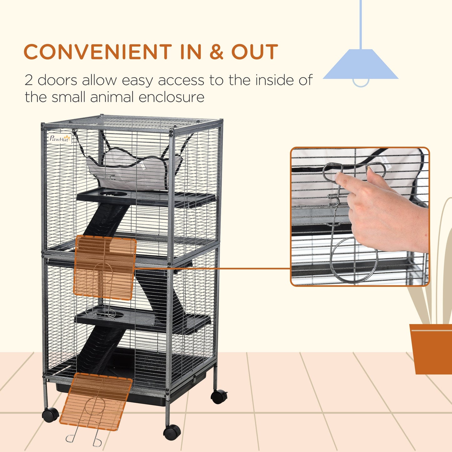 4-Tier Rolling Small Animal Cage, Deluxe Guinea Pig Cage, Ferret Cage for Mink Chinchilla Kitten Rabbit, Small Pet Play House with Hammock Platform, Ramp, Removable Tray, Silver Grey