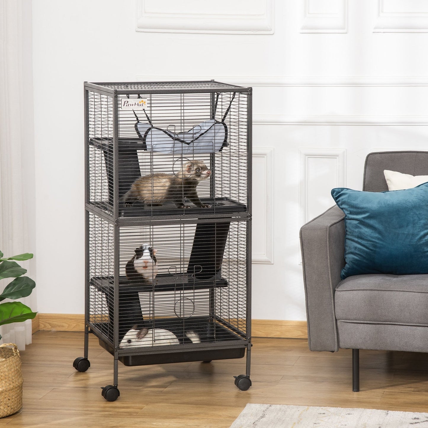 4-Tier Rolling Small Animal Cage, Deluxe Guinea Pig Cage, Ferret Cage for Mink Chinchilla Kitten Rabbit, Small Pet Play House with Hammock Platform, Ramp, Removable Tray, Silver Grey