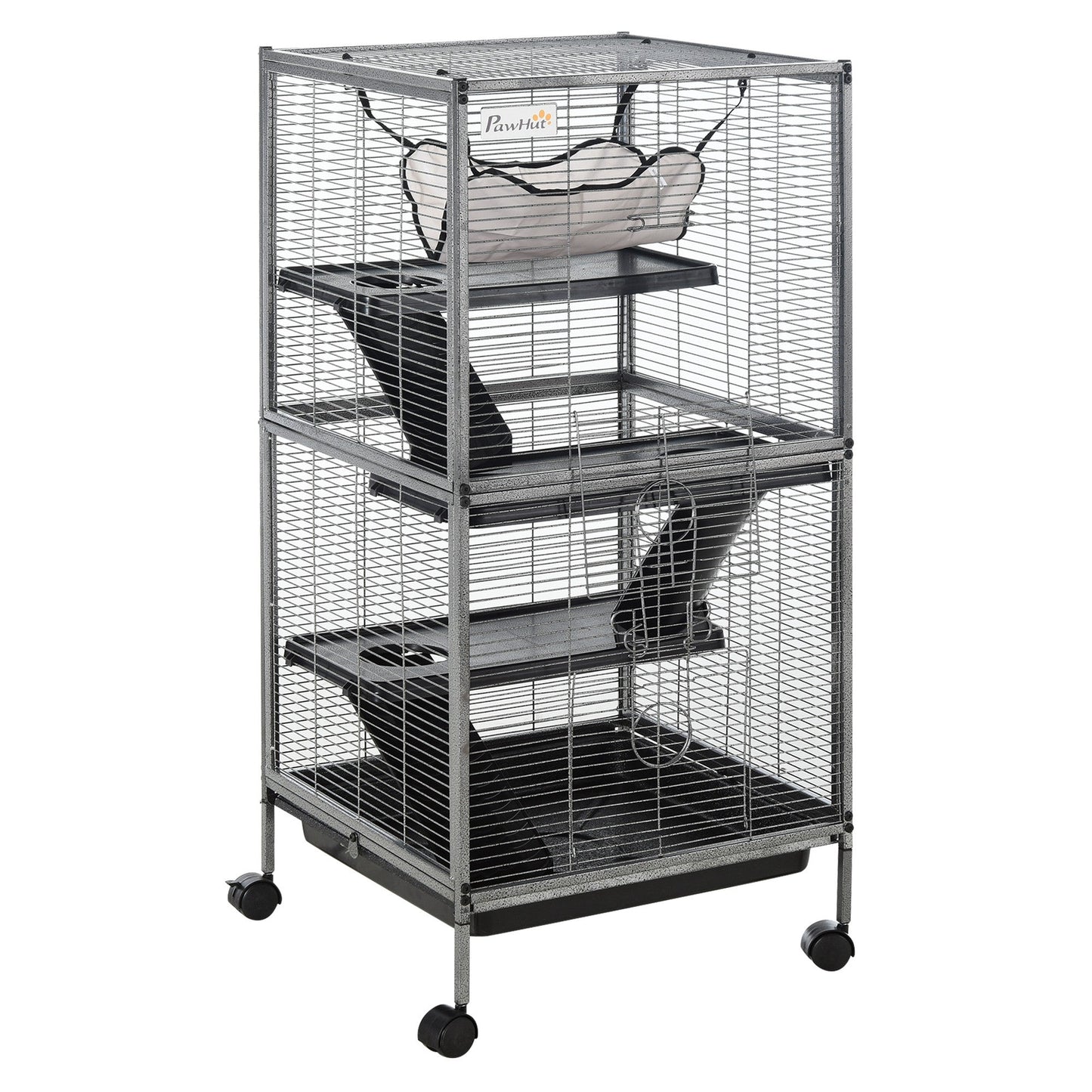 4-Tier Rolling Small Animal Cage, Deluxe Guinea Pig Cage, Ferret Cage for Mink Chinchilla Kitten Rabbit, Small Pet Play House with Hammock Platform, Ramp, Removable Tray, Silver Grey