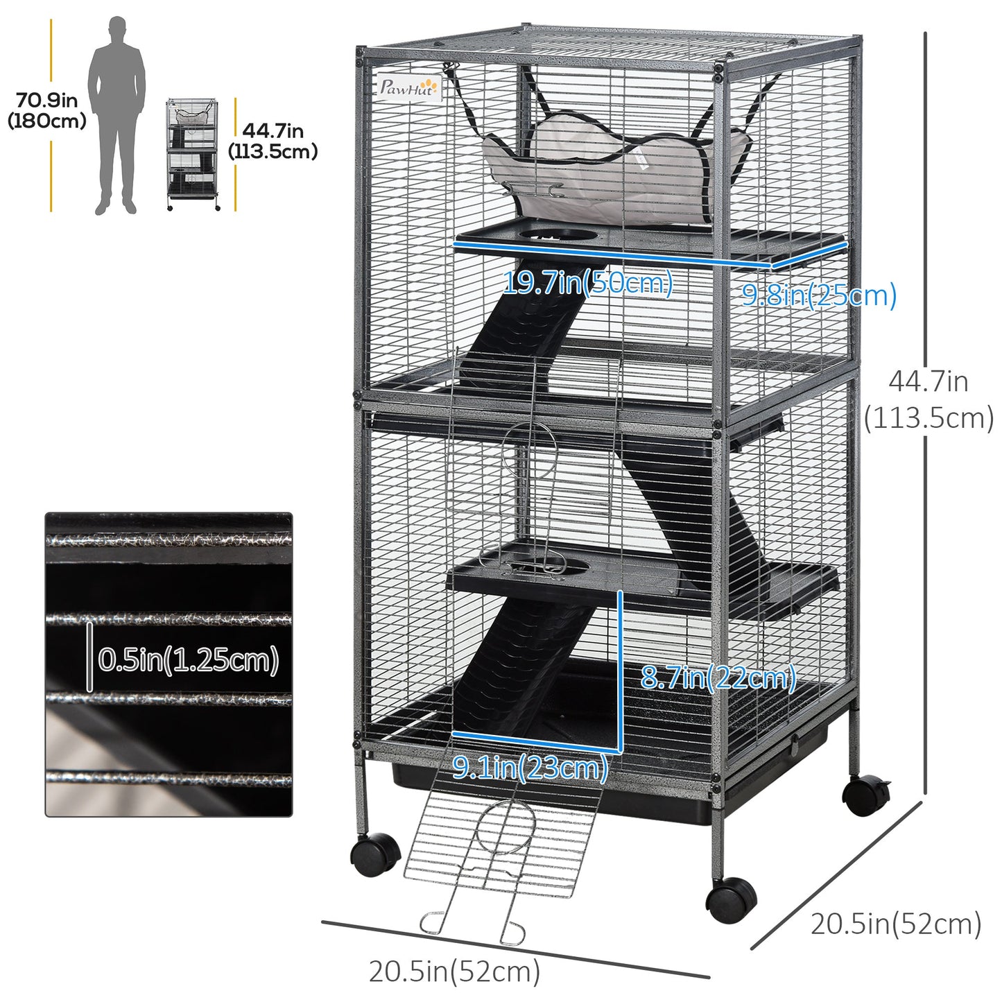 4-Tier Rolling Small Animal Cage, Deluxe Guinea Pig Cage, Ferret Cage for Mink Chinchilla Kitten Rabbit, Small Pet Play House with Hammock Platform, Ramp, Removable Tray, Silver Grey