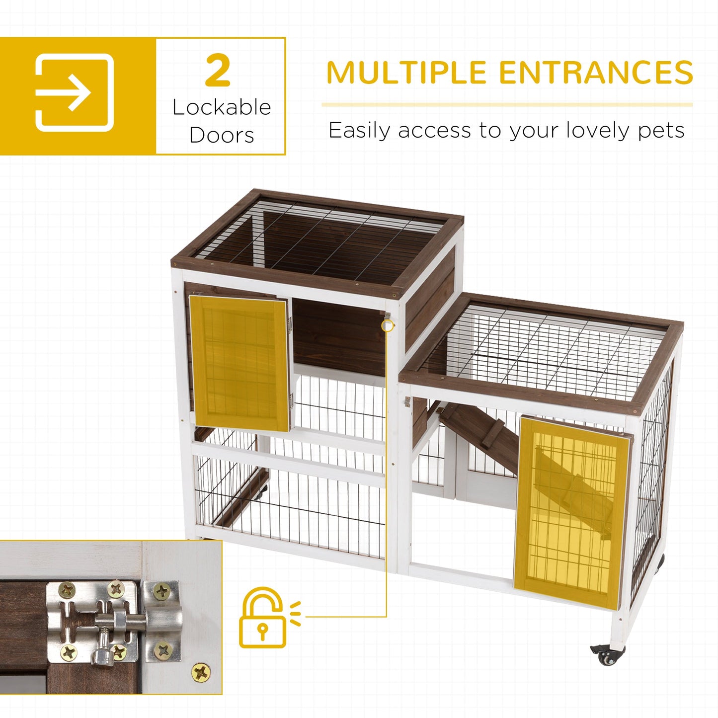 Rabbit Hutch Indoor Bunny Cage Guinea Pig House on Wheels with Run, Pull Out Trays, Brown and White