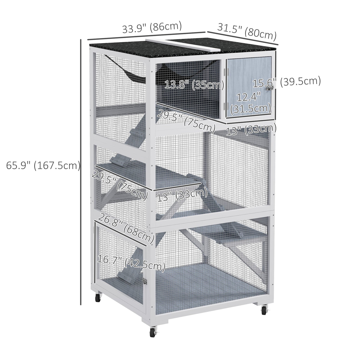 66"H Catio on Brake Wheel, Indoor Outdoor Cat Enclosure Cage with Weatherproof Roof Hammock Multiple Platforms Resting Condo Ramps Lockable Doors, for 1-3 Cats, Grey