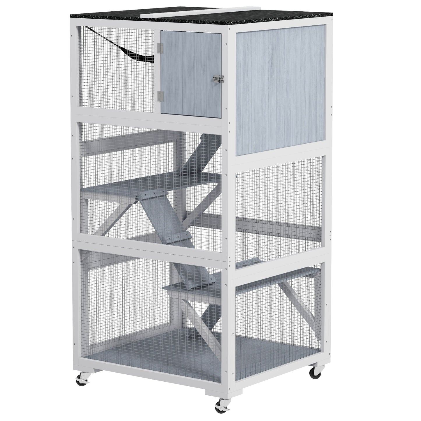 66"H Catio on Brake Wheel, Indoor Outdoor Cat Enclosure Cage with Weatherproof Roof Hammock Multiple Platforms Resting Condo Ramps Lockable Doors, for 1-3 Cats, Grey