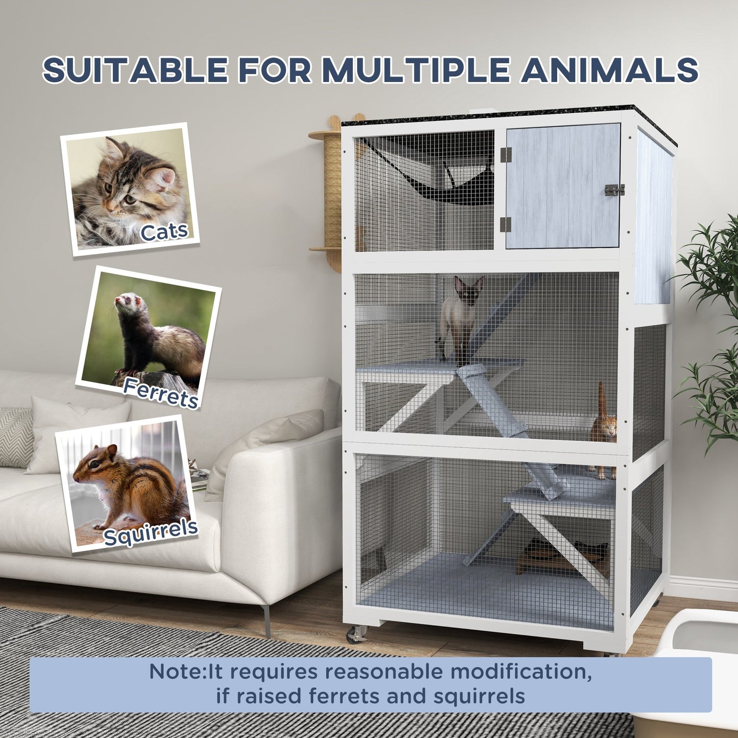 66"H Catio on Brake Wheel, Indoor Outdoor Cat Enclosure Cage with Weatherproof Roof Hammock Multiple Platforms Resting Condo Ramps Lockable Doors, for 1-3 Cats, Grey