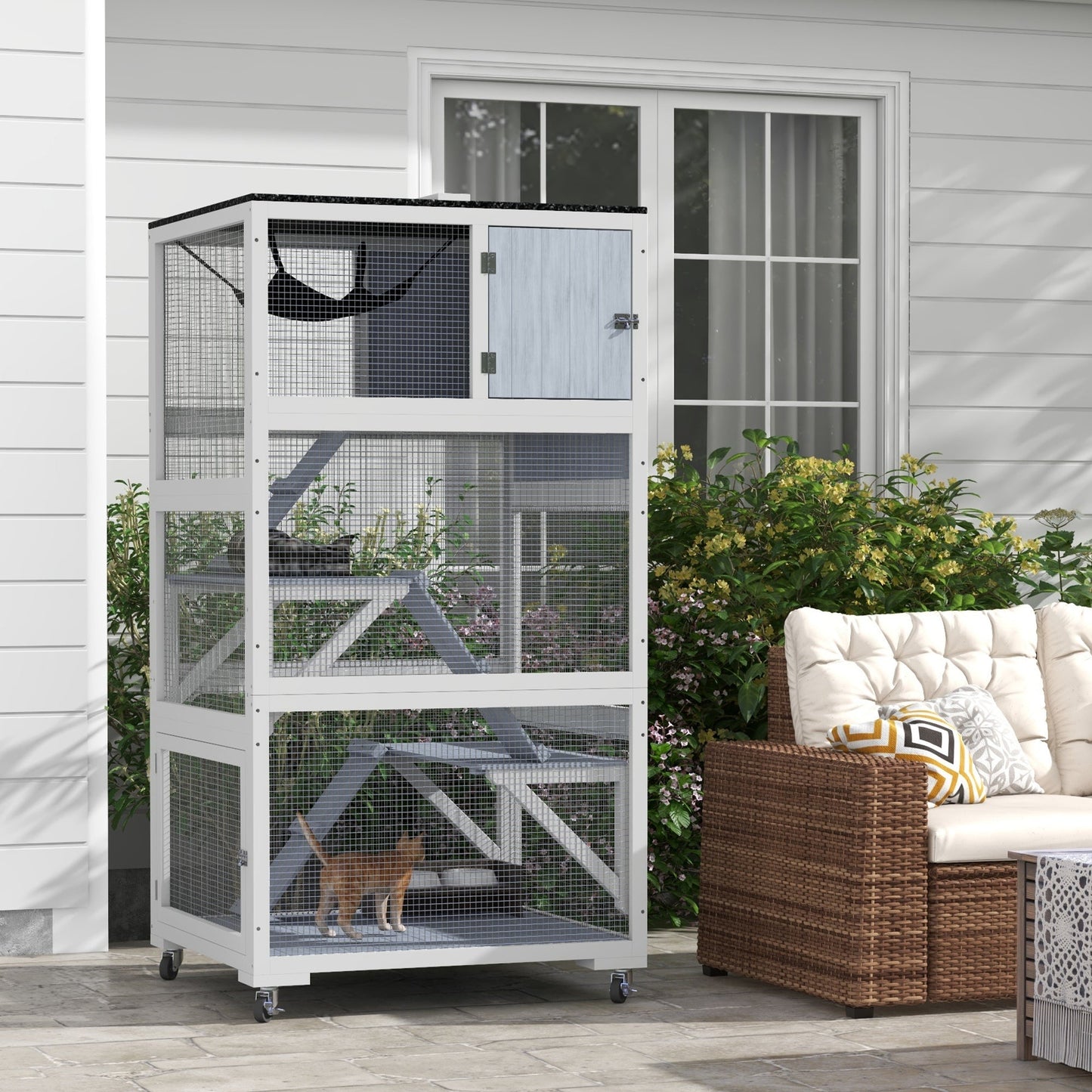 66"H Catio on Brake Wheel, Indoor Outdoor Cat Enclosure Cage with Weatherproof Roof Hammock Multiple Platforms Resting Condo Ramps Lockable Doors, for 1-3 Cats, Grey