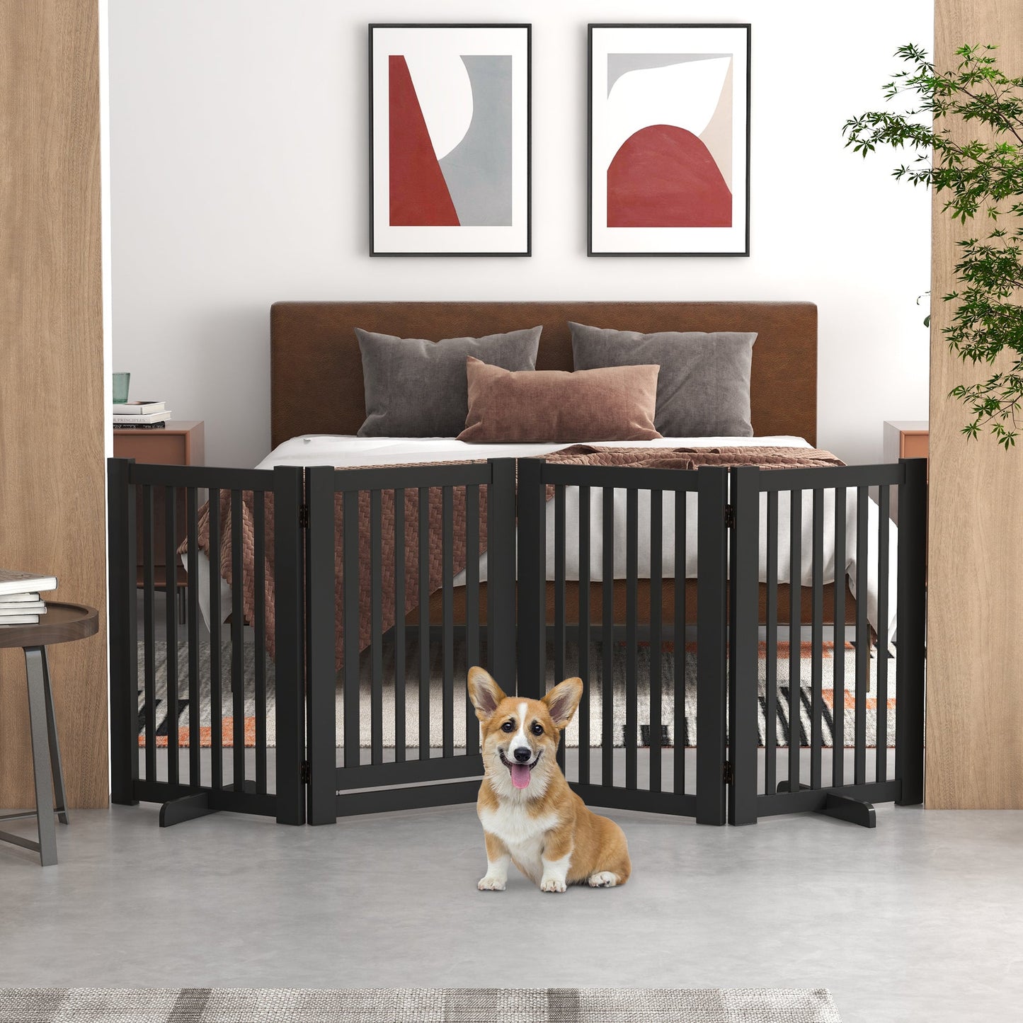 30"H Foldable Dog Gate with Door, 4 Panels Freestanding Pet Gate Barriers Indoor with Support Feet, Puppy Fence for Dogs, Light Grey