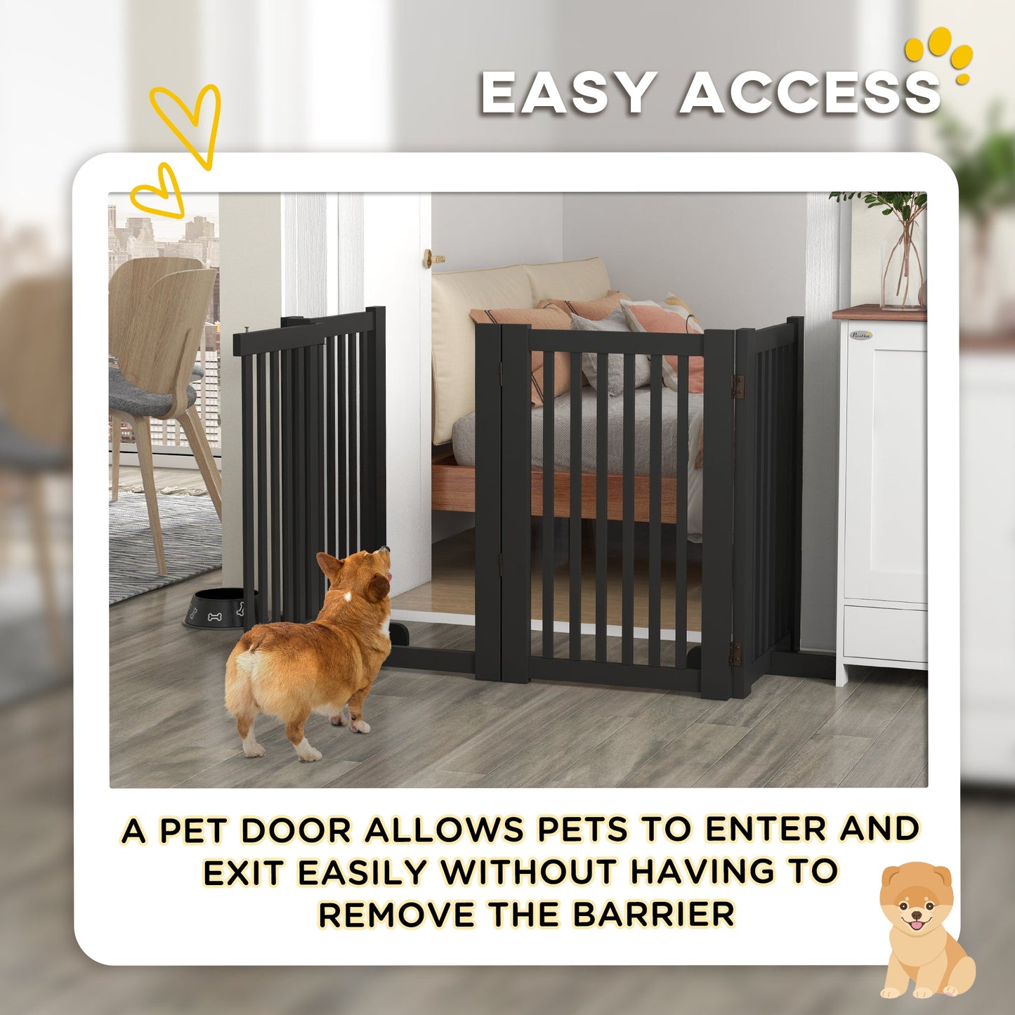 30"H Foldable Dog Gate with Door, 4 Panels Freestanding Pet Gate Barriers Indoor with Support Feet, Puppy Fence for Dogs, Light Grey