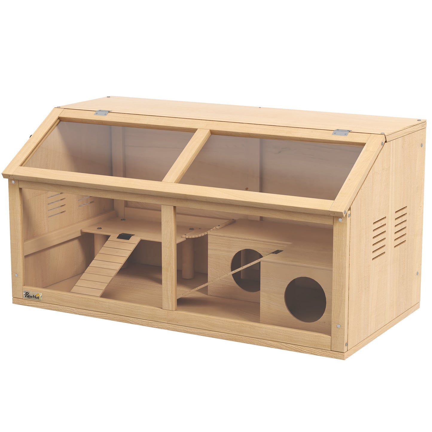 Wooden Hamster Cage, 33.5"L Hamster Habitat, Small Animal Cage for Syrian Drawf Hamster Gerbils Mice with Suspension Bridge, Ladders, Openable Top, Platform, Natural Wood