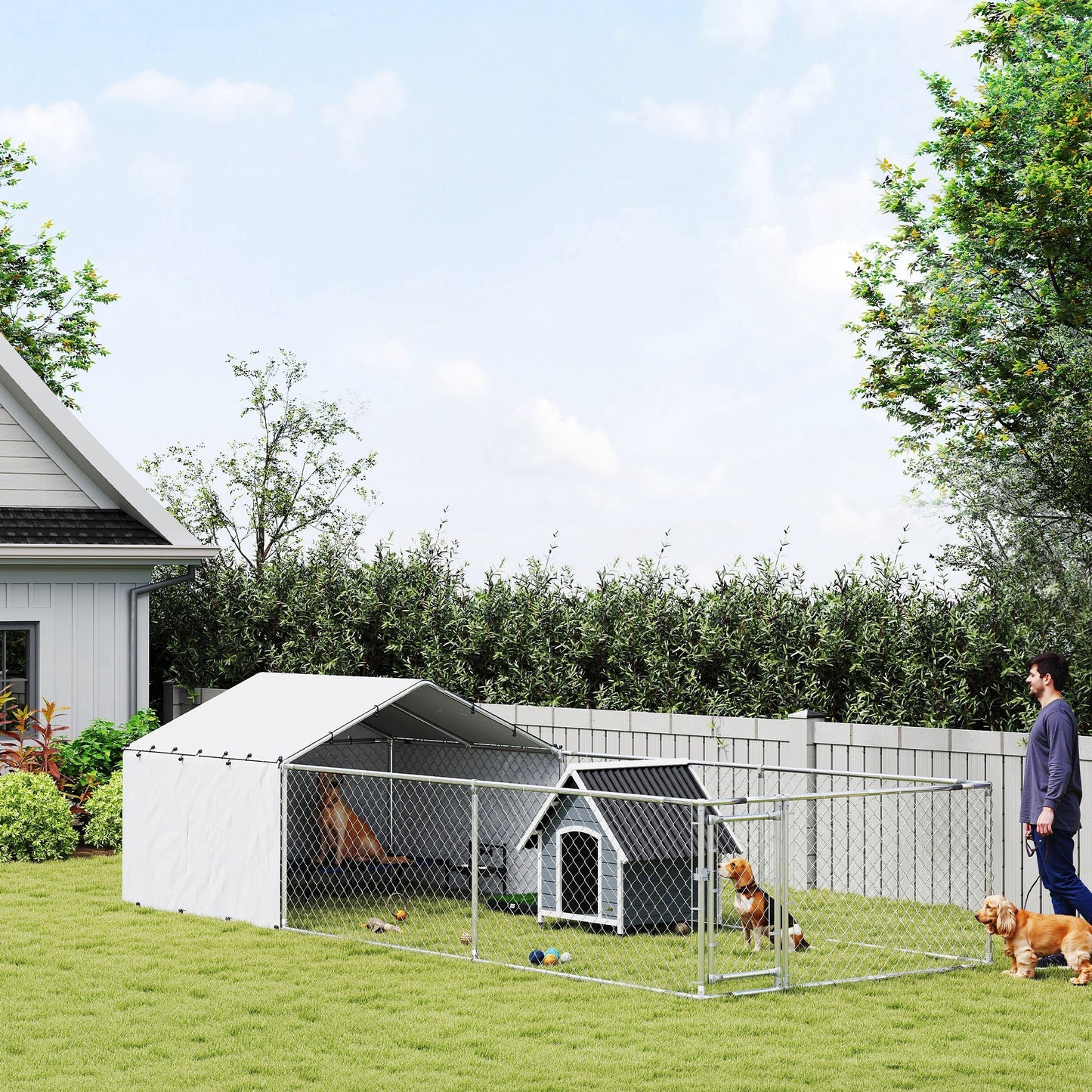 Outdoor Dog Kennel with Waterproof & UV-Resistant Cover, Dog Run with Secure Lock for Small Medium Large Dogs, 19.7' x 7.5' x 4.9'