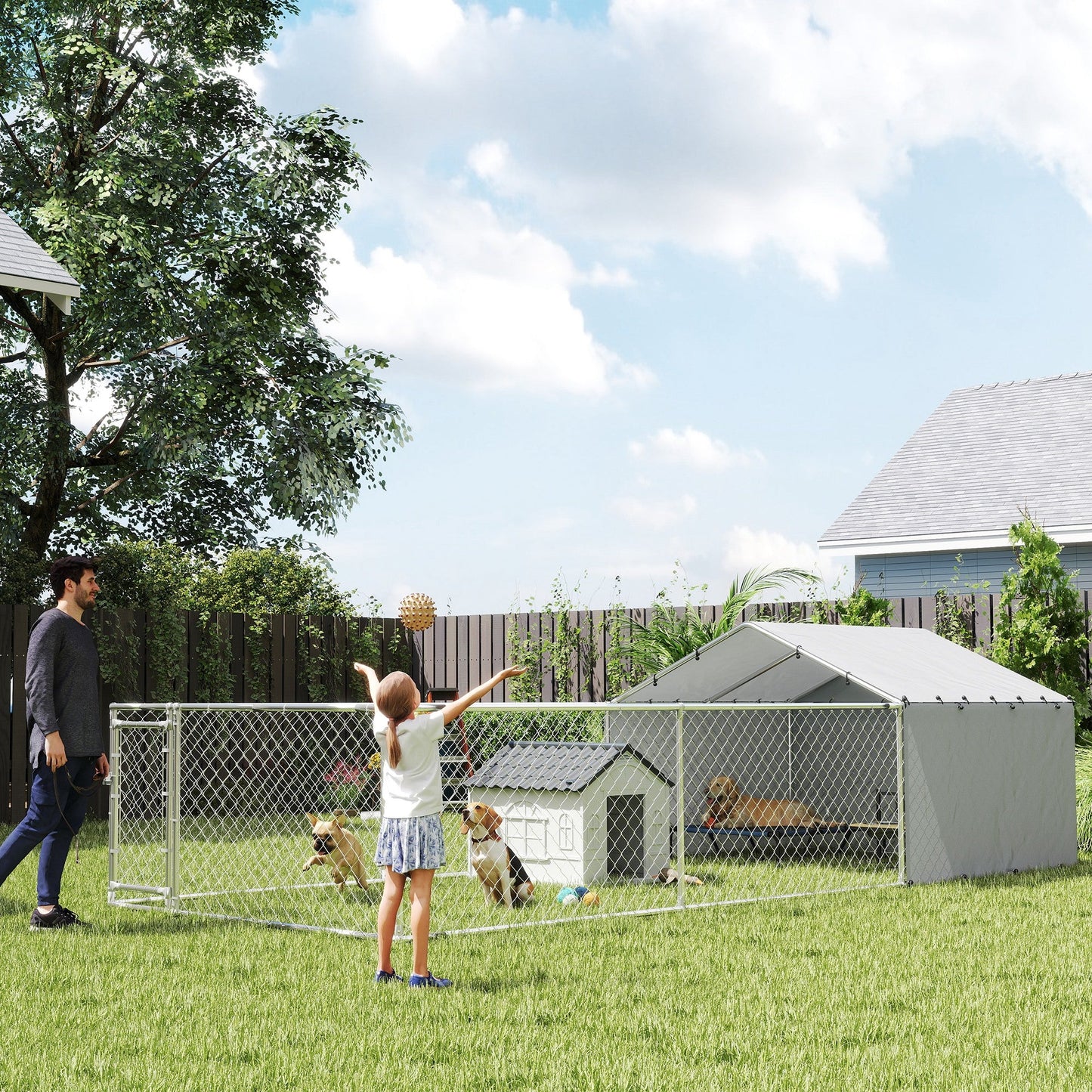 Outdoor Dog Kennel with Waterproof & UV-Resistant Cover, Dog Run with Secure Lock for Small Medium Large Dogs, 19.7' x 7.5' x 4.9'