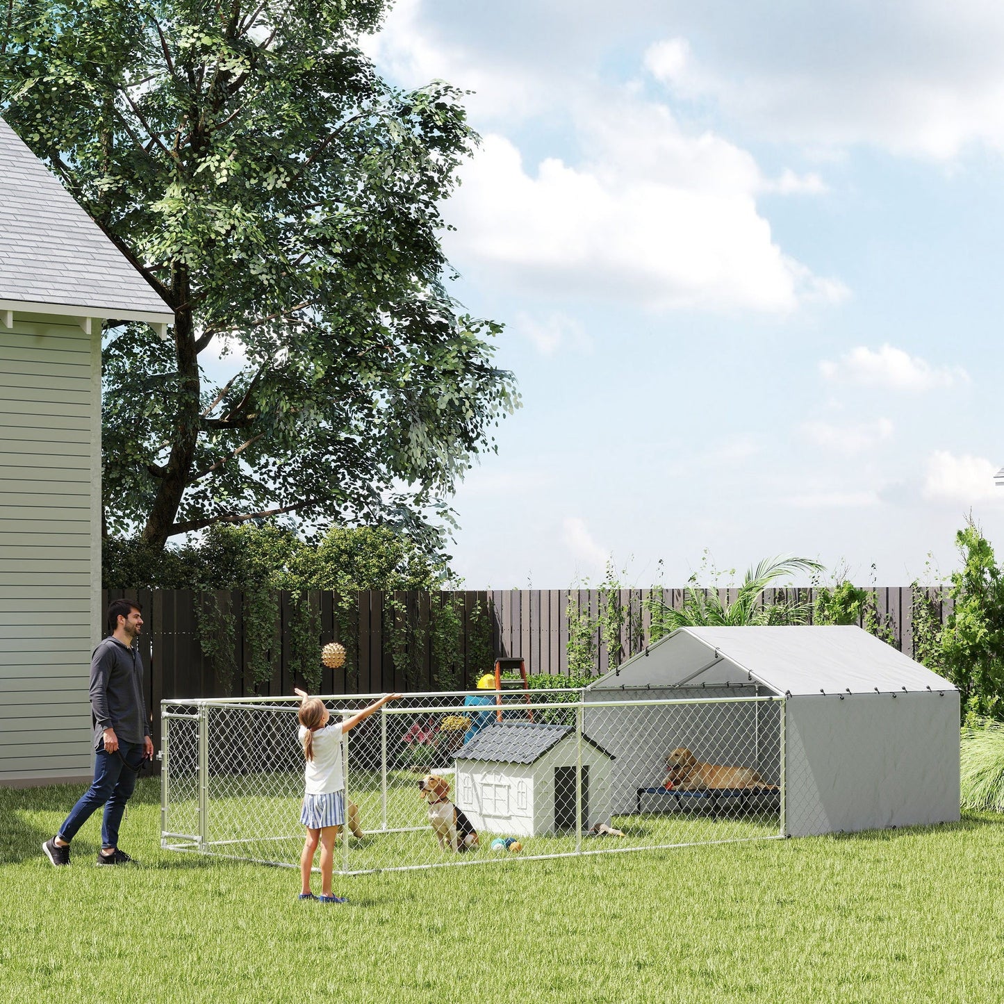 Outdoor Dog Kennel with Waterproof & UV-Resistant Cover, Dog Run with Secure Lock for Small Medium Large Dogs, 19.7' x 7.5' x 4.9'