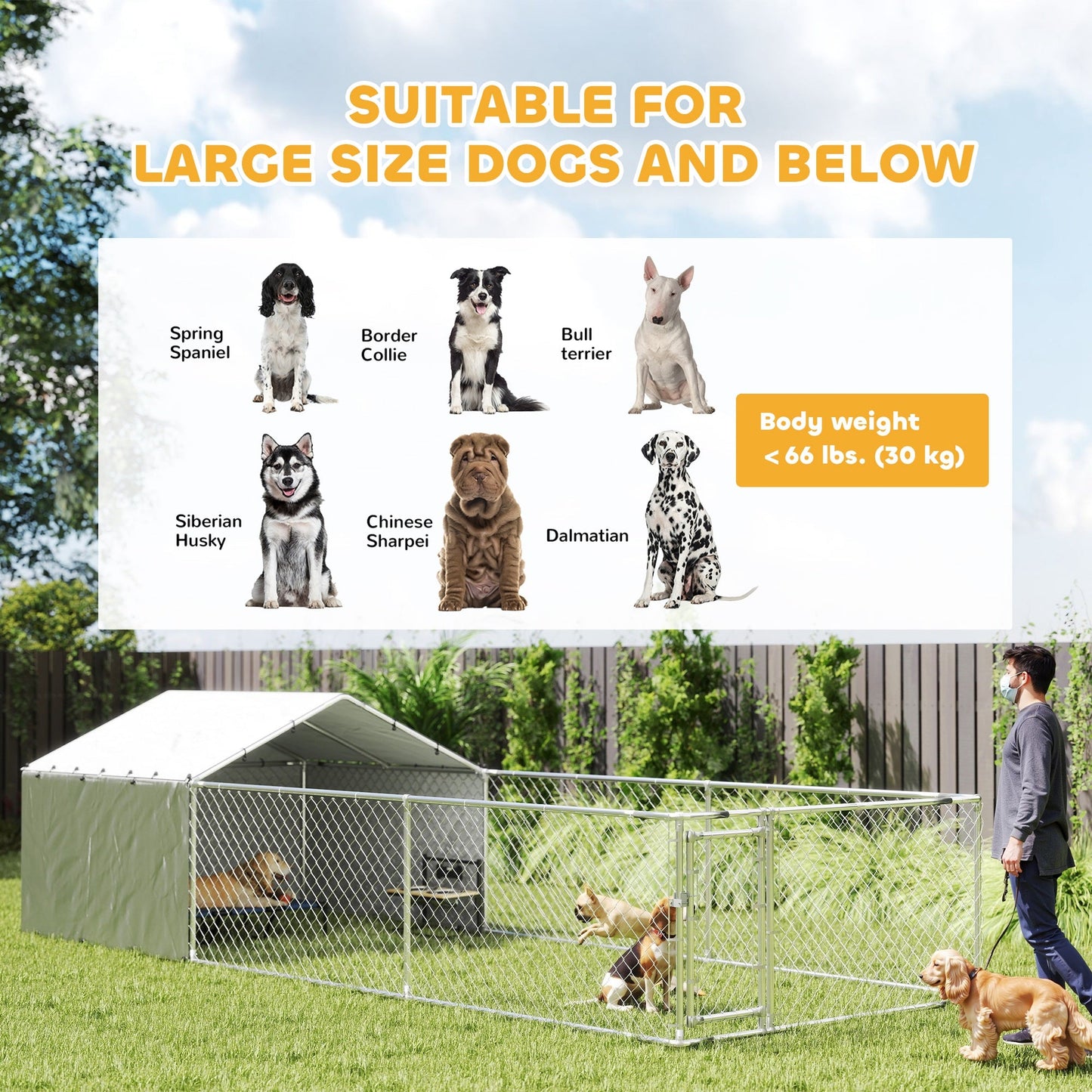 Outdoor Dog Kennel with Waterproof & UV-Resistant Cover, Dog Run with Secure Lock for Small Medium Large Dogs, 19.7' x 7.5' x 4.9'