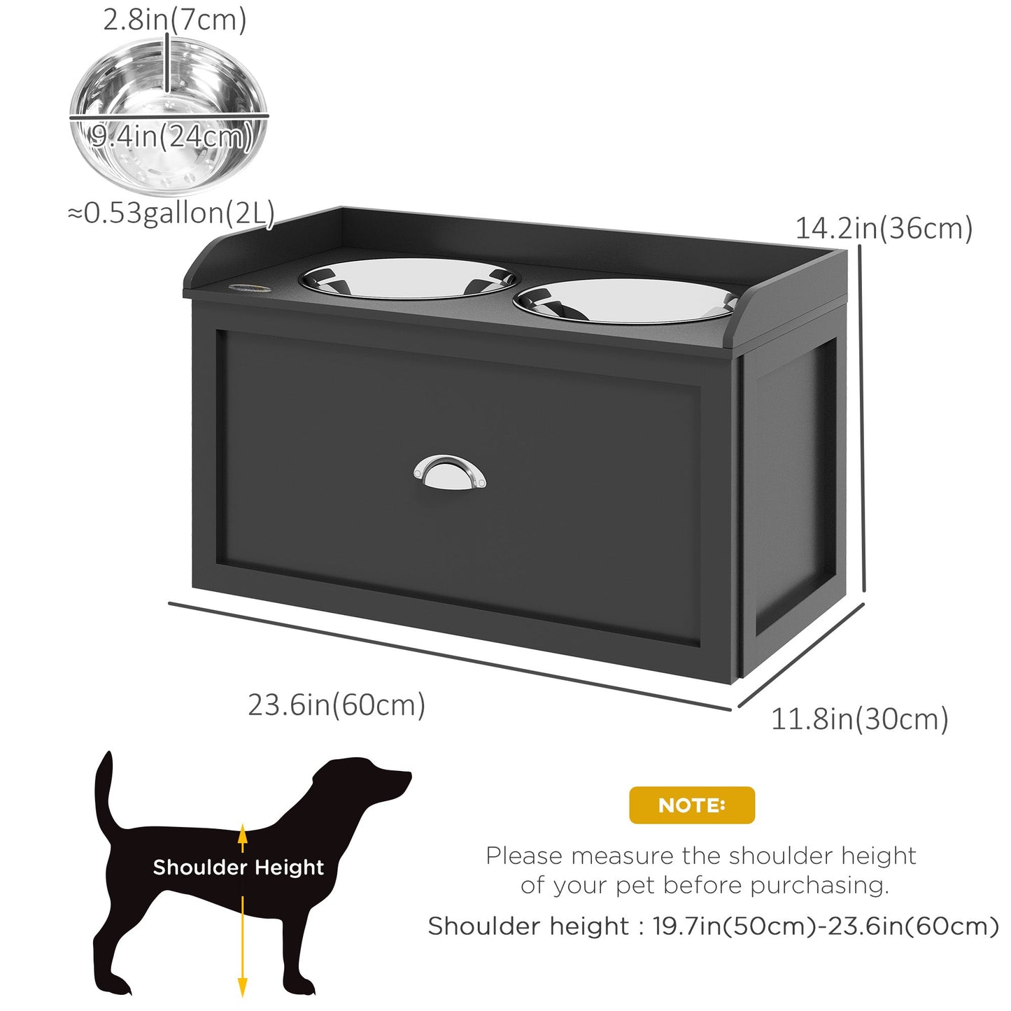 Elevated Dog Bowls for Large Dogs, Raised Pet Feeding Station with 2 Stainless Steel Bowls, Hidden Storage Drawer, Wood Stand for Cats, Black
