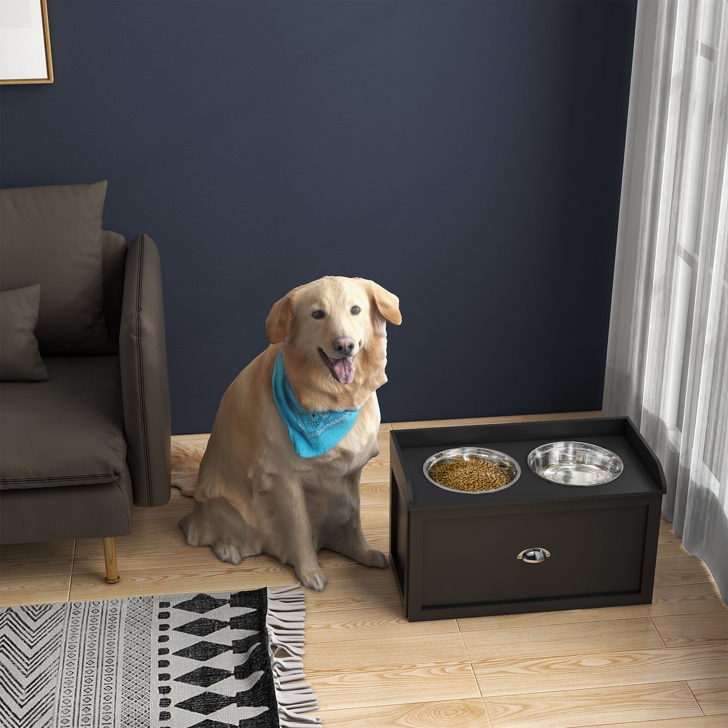 Elevated Dog Bowls for Large Dogs, Raised Pet Feeding Station with 2 Stainless Steel Bowls, Hidden Storage Drawer, Wood Stand for Cats, Black