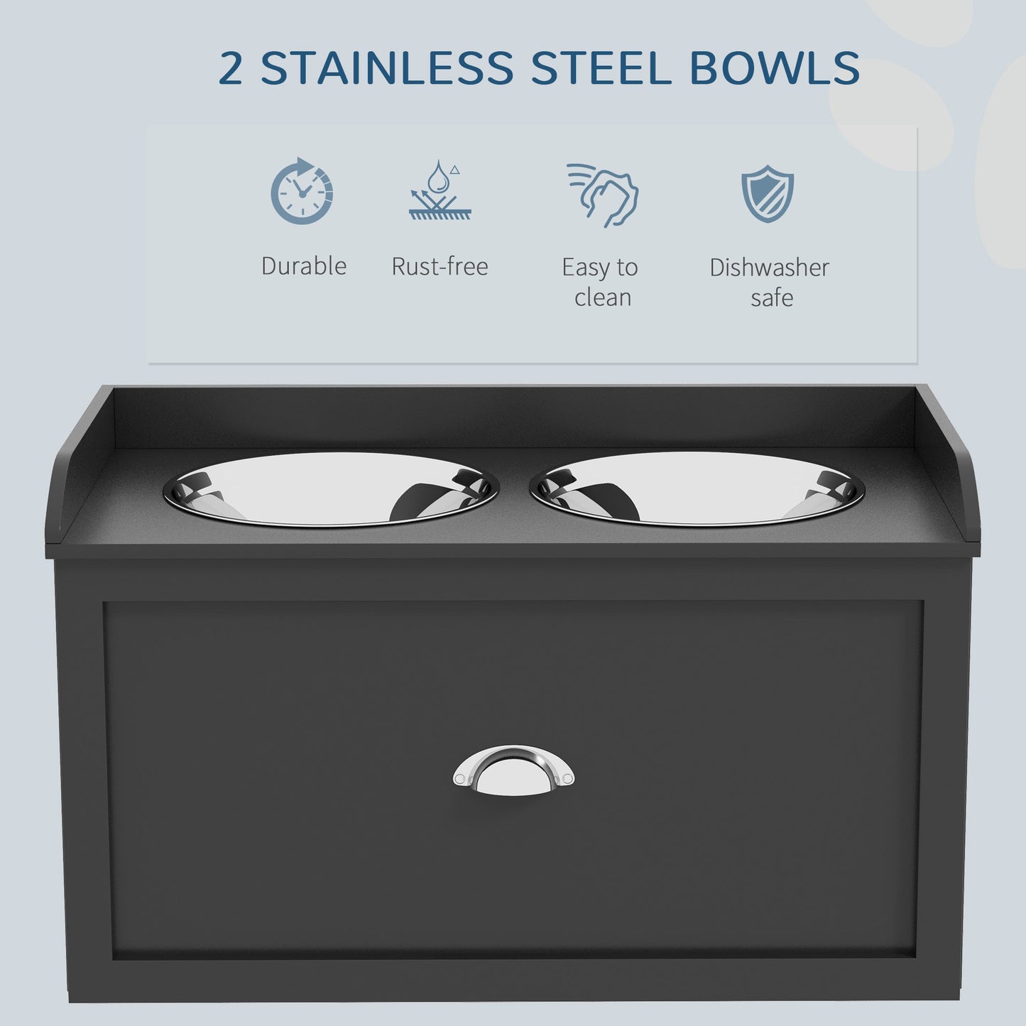 Elevated Dog Bowls for Large Dogs, Raised Pet Feeding Station with 2 Stainless Steel Bowls, Hidden Storage Drawer, Wood Stand for Cats, Black