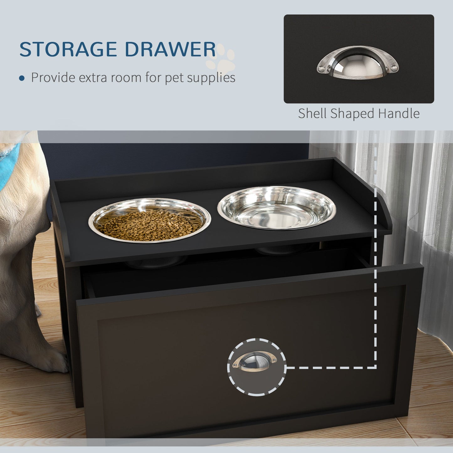 Elevated Dog Bowls for Large Dogs, Raised Pet Feeding Station with 2 Stainless Steel Bowls, Hidden Storage Drawer, Wood Stand for Cats, Black